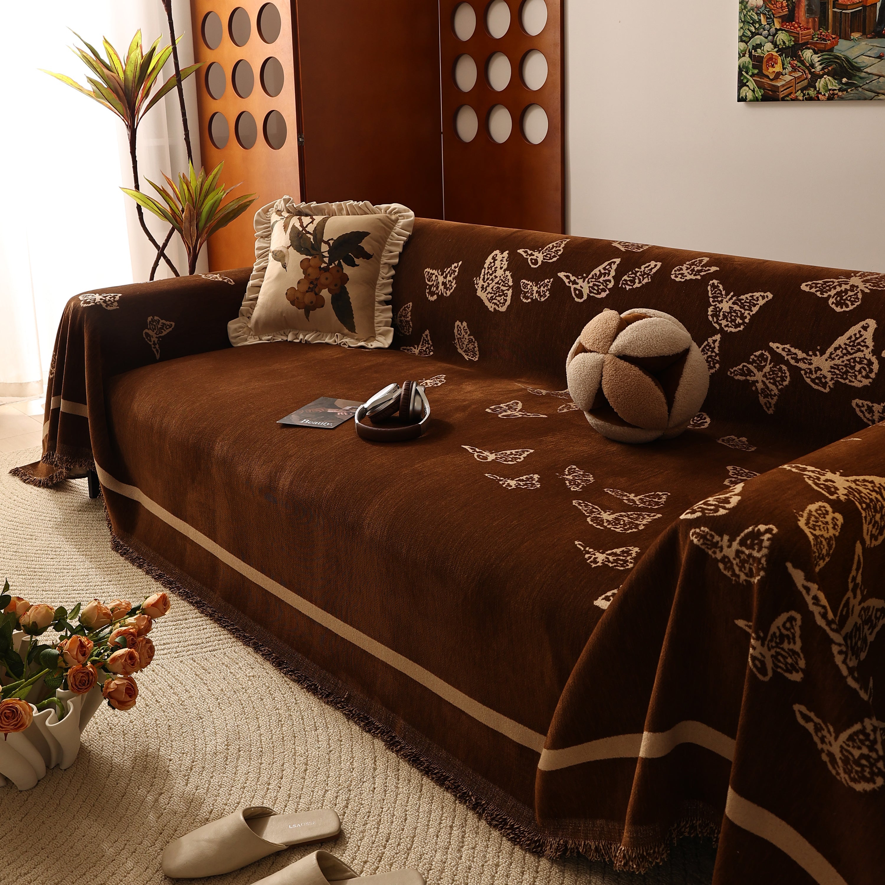 Butterfly Jacquard Soft Couch Blankets Cover for Couch Reversible Modern Sofa Slipcover Throw Covers