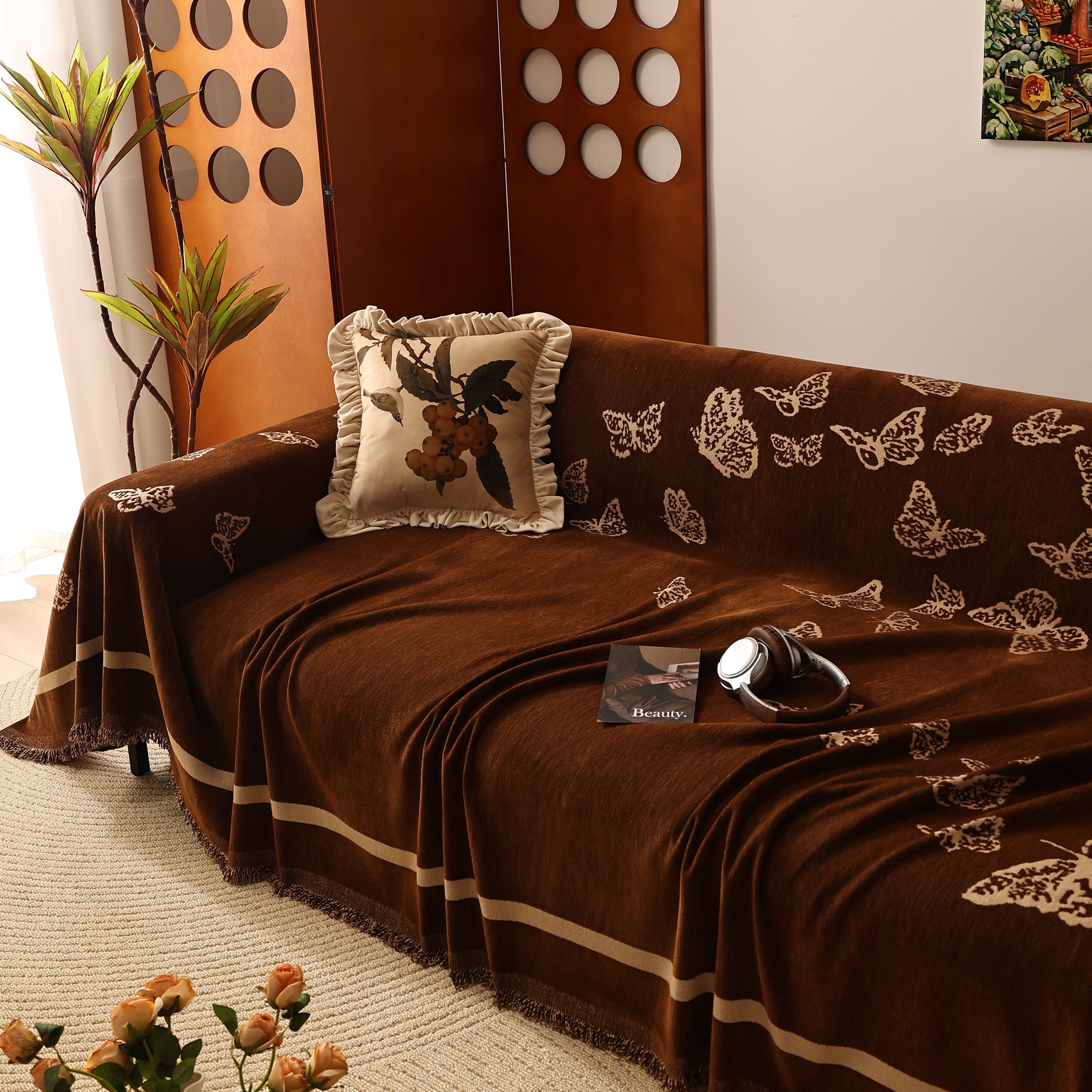 Butterfly Jacquard Soft Couch Blankets Cover for Couch Reversible Modern Sofa Slipcover Throw Covers