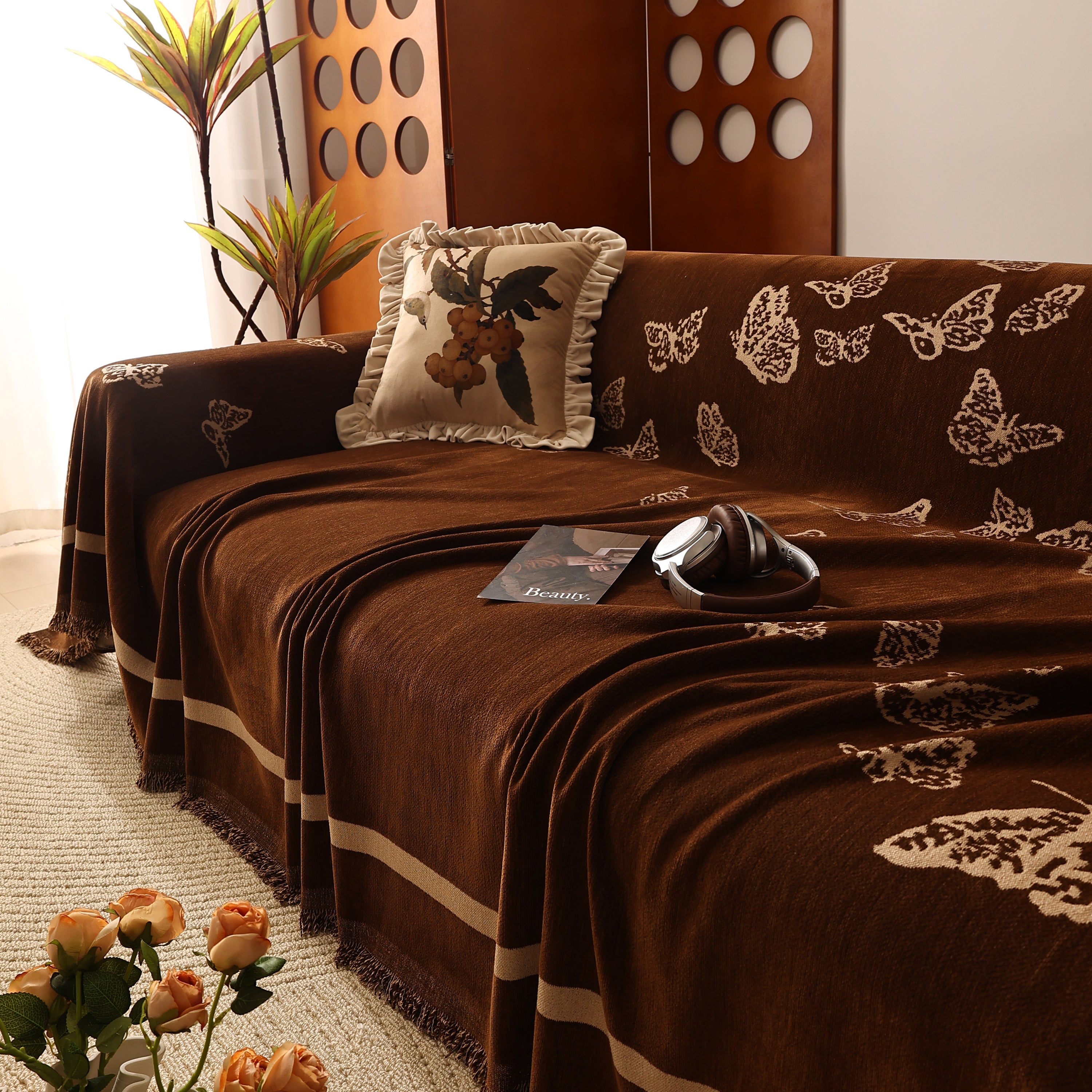 Butterfly Jacquard Soft Couch Blankets Cover for Couch Reversible Modern Sofa Slipcover Throw Covers