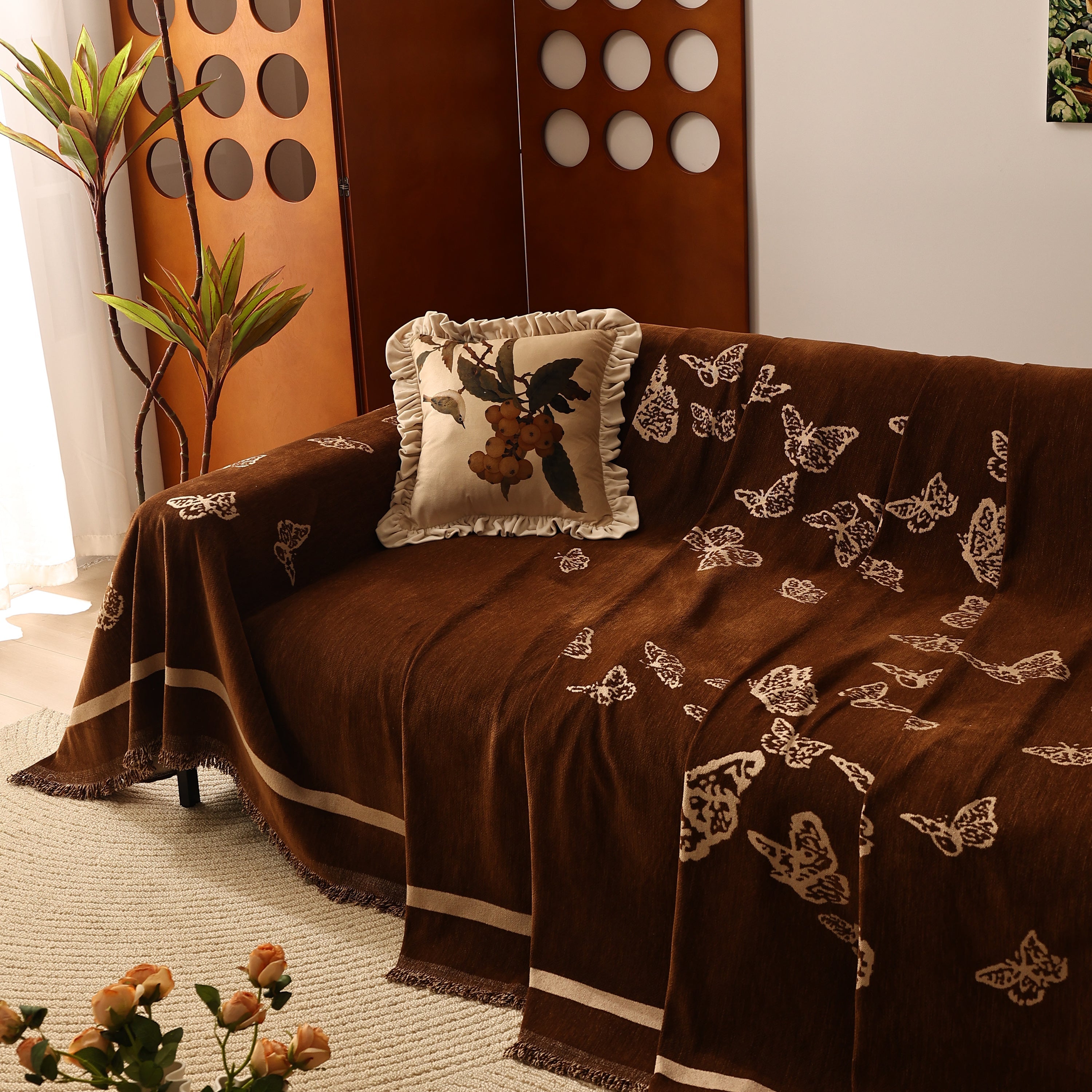 Butterfly Jacquard Soft Couch Blankets Cover for Couch Reversible Modern Sofa Slipcover Throw Covers