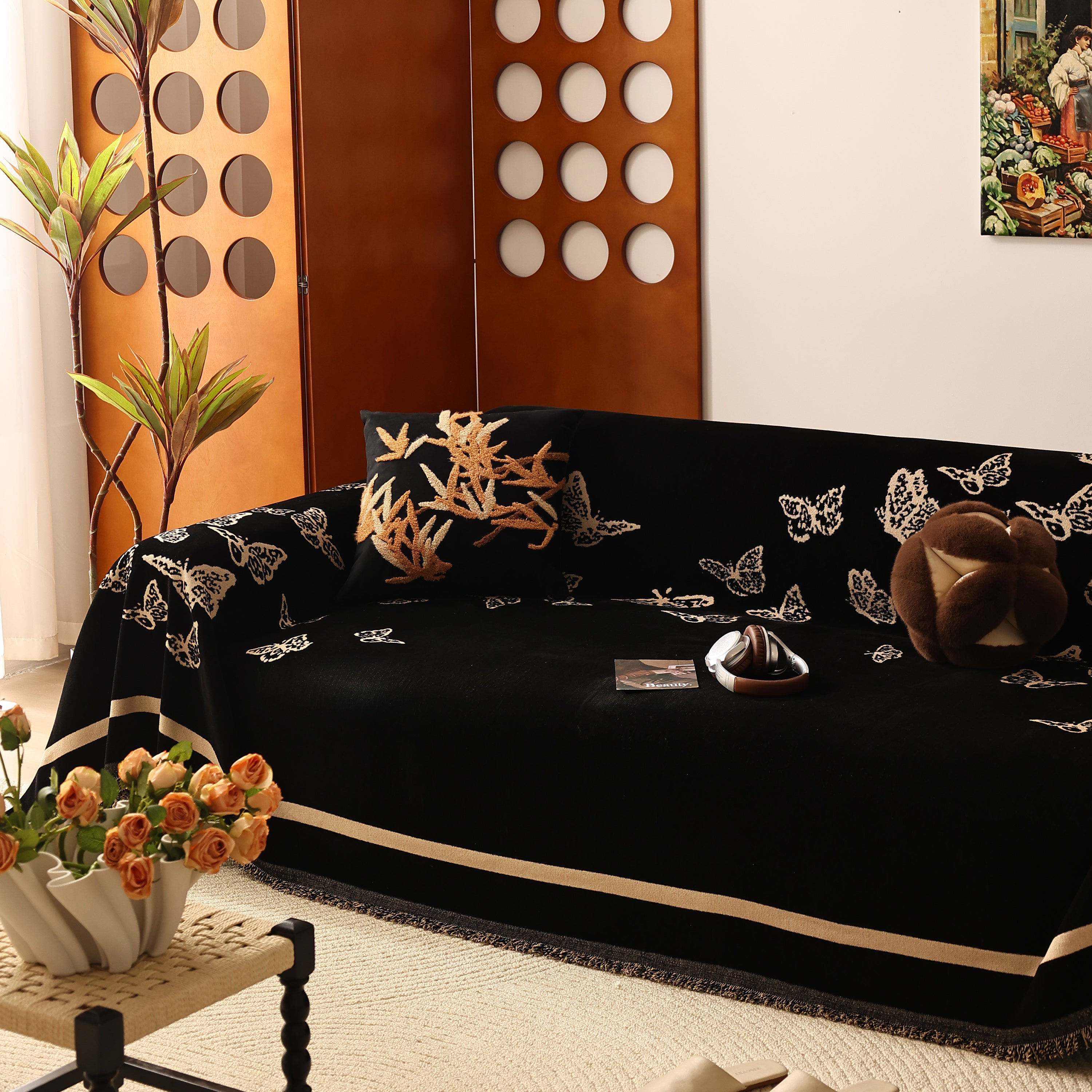 Butterfly Jacquard Soft Couch Blankets Cover for Couch Reversible Modern Sofa Slipcover Throw Covers