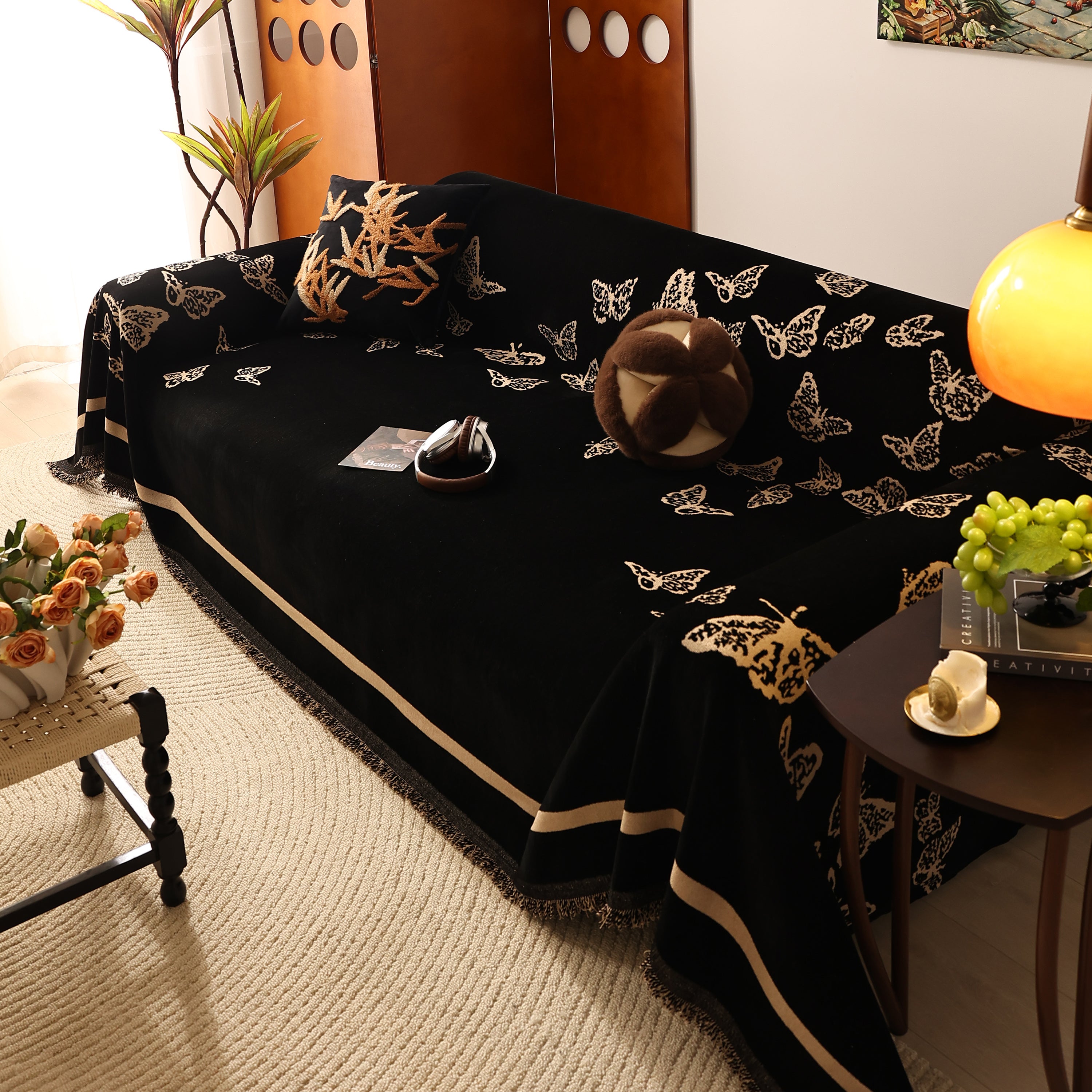 Butterfly Jacquard Soft Couch Blankets Cover for Couch Reversible Modern Sofa Slipcover Throw Covers