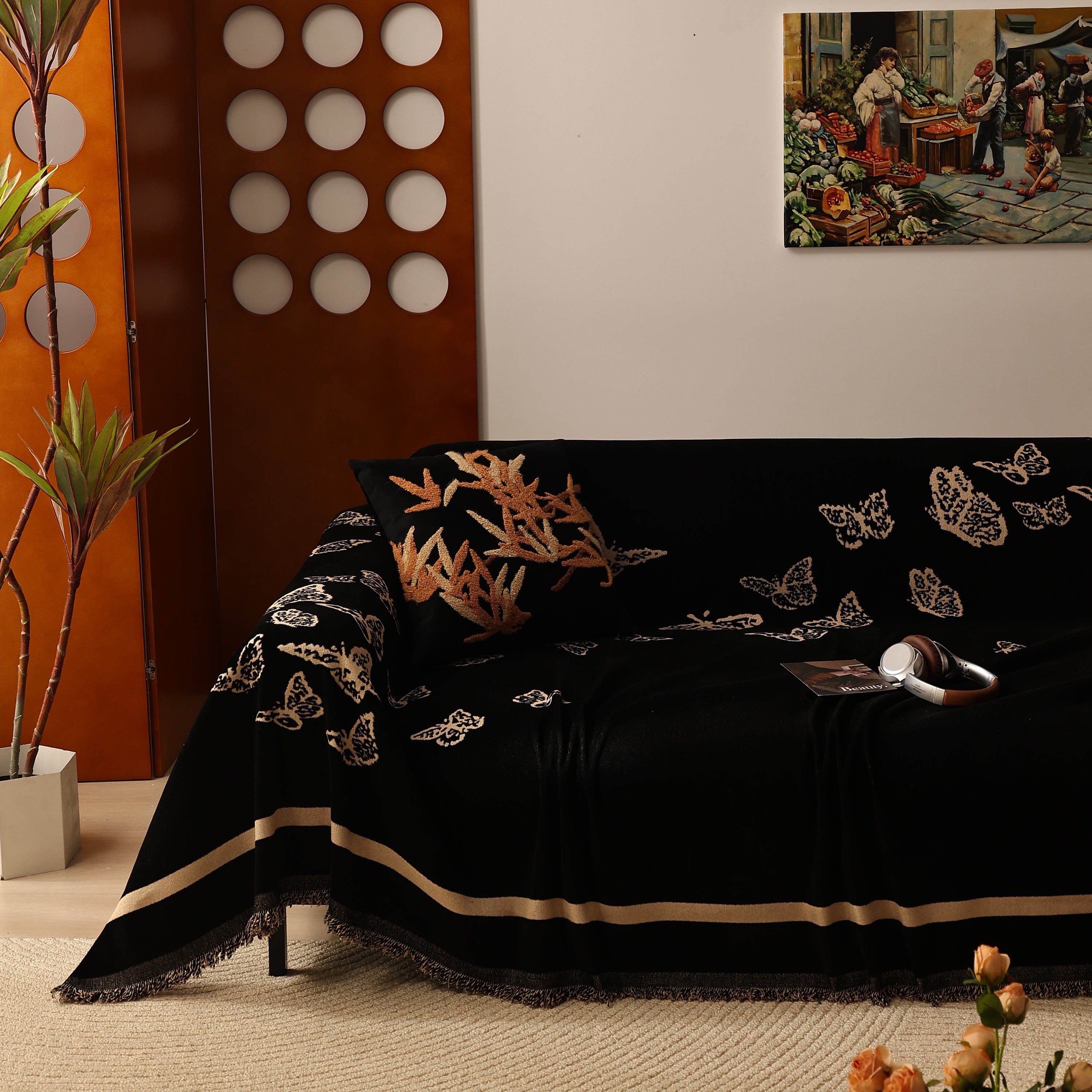 Butterfly Jacquard Soft Couch Blankets Cover for Couch Reversible Modern Sofa Slipcover Throw Covers