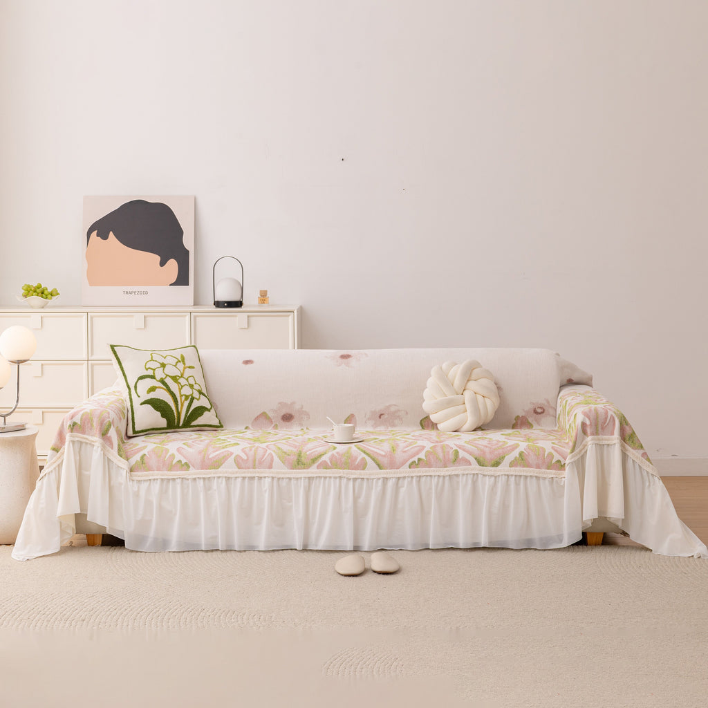 Botanical Sofa Cover with Chiffon Skirt, Floral Couch Throw Blanket for All-Season
