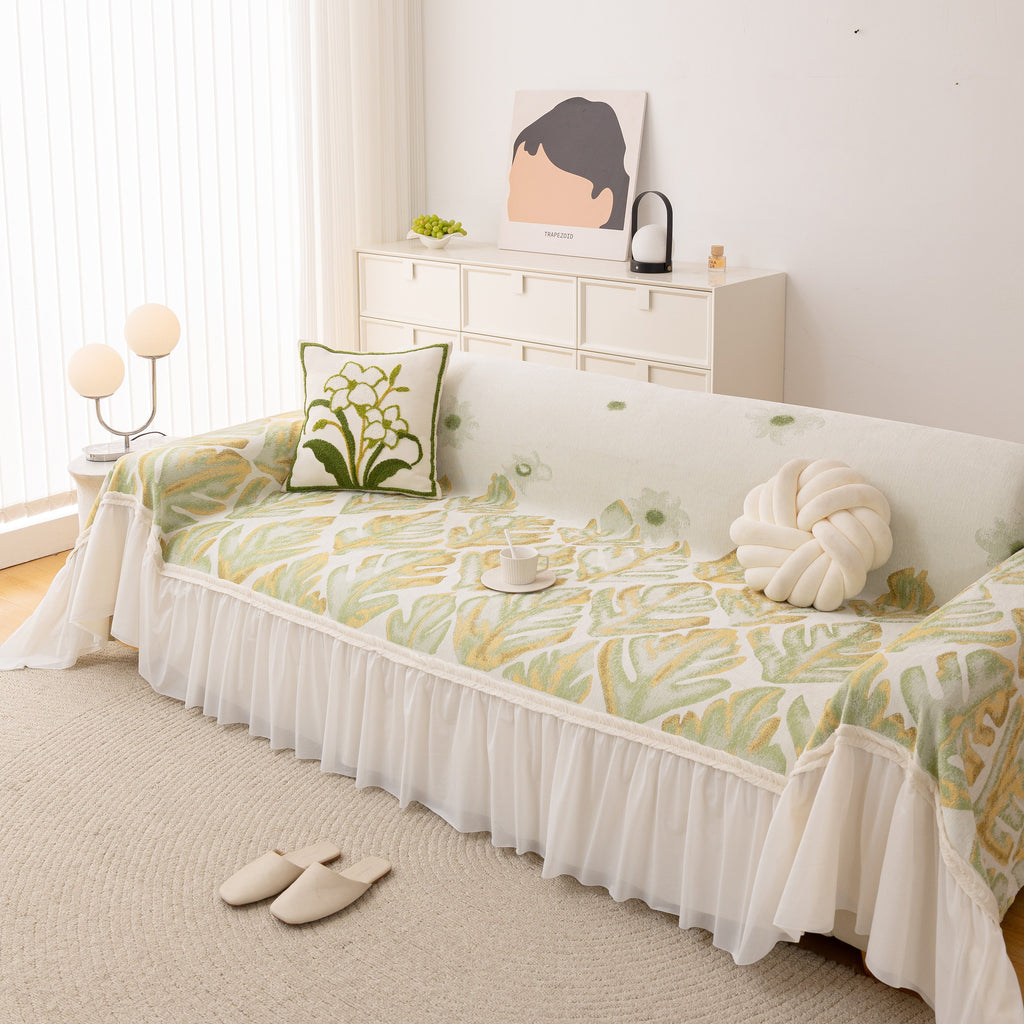 Botanical Sofa Cover with Chiffon Skirt, Floral Couch Throw Blanket for All-Season