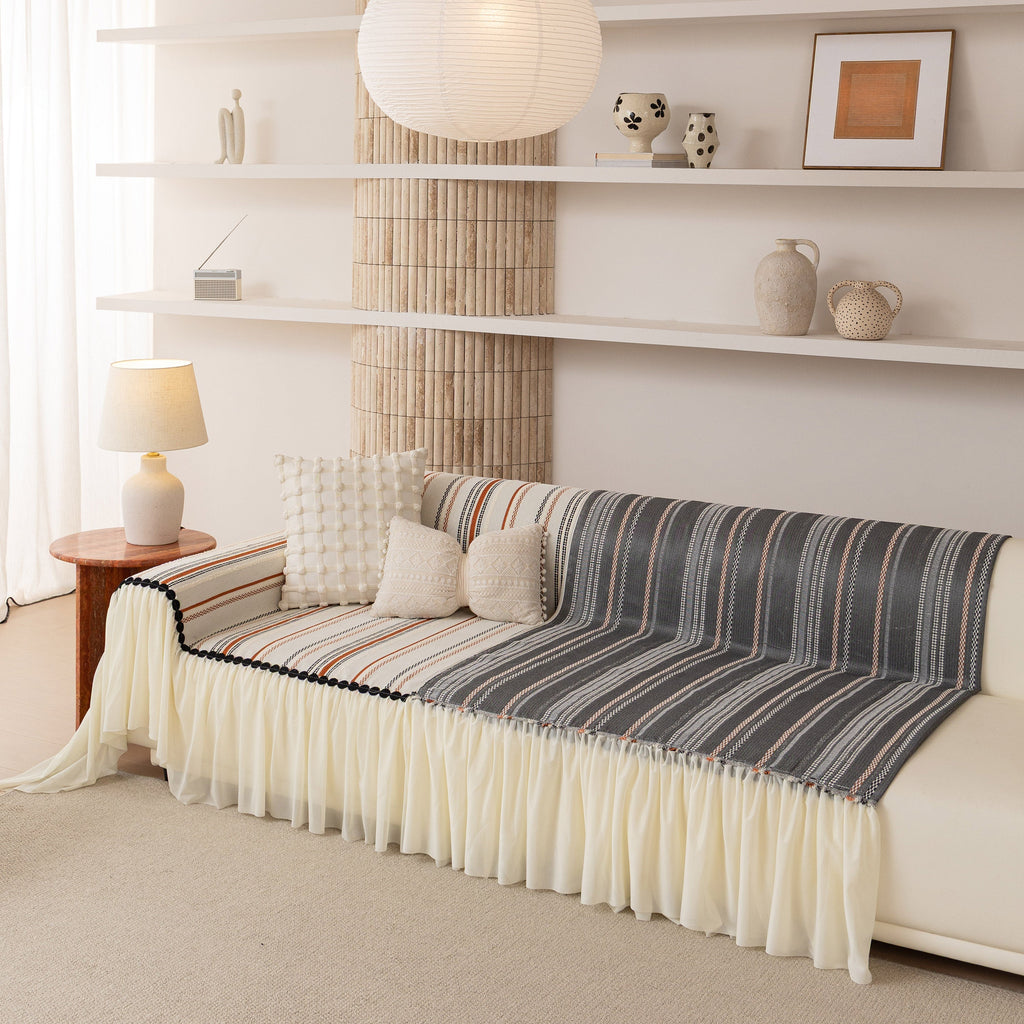 Boho Striped Couch Cover with Sheer Ruffle Skirt, Decorative Couch Throw Blanket