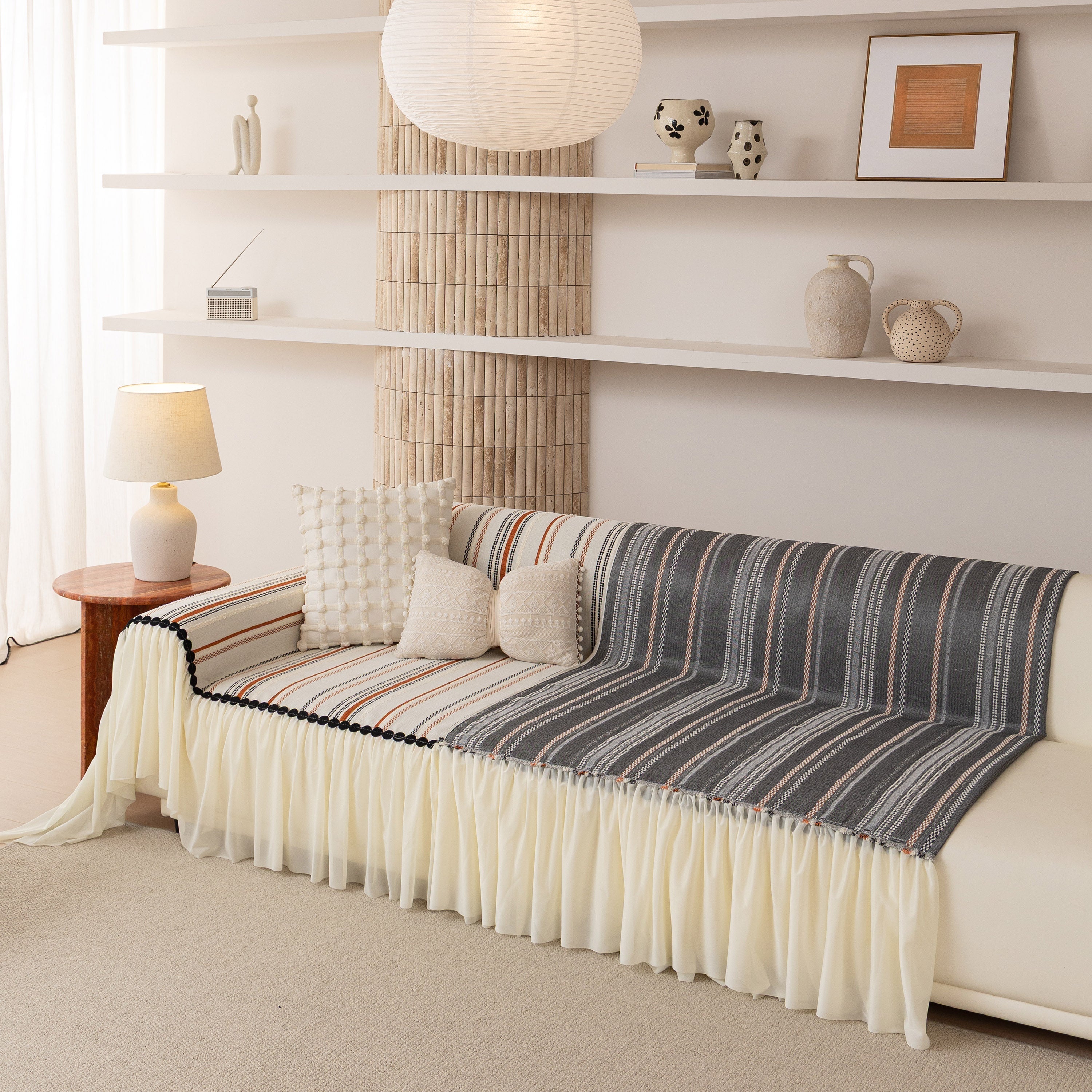 Boho Striped Couch Cover with Sheer Ruffle Skirt, Decorative Couch Throw Blanket