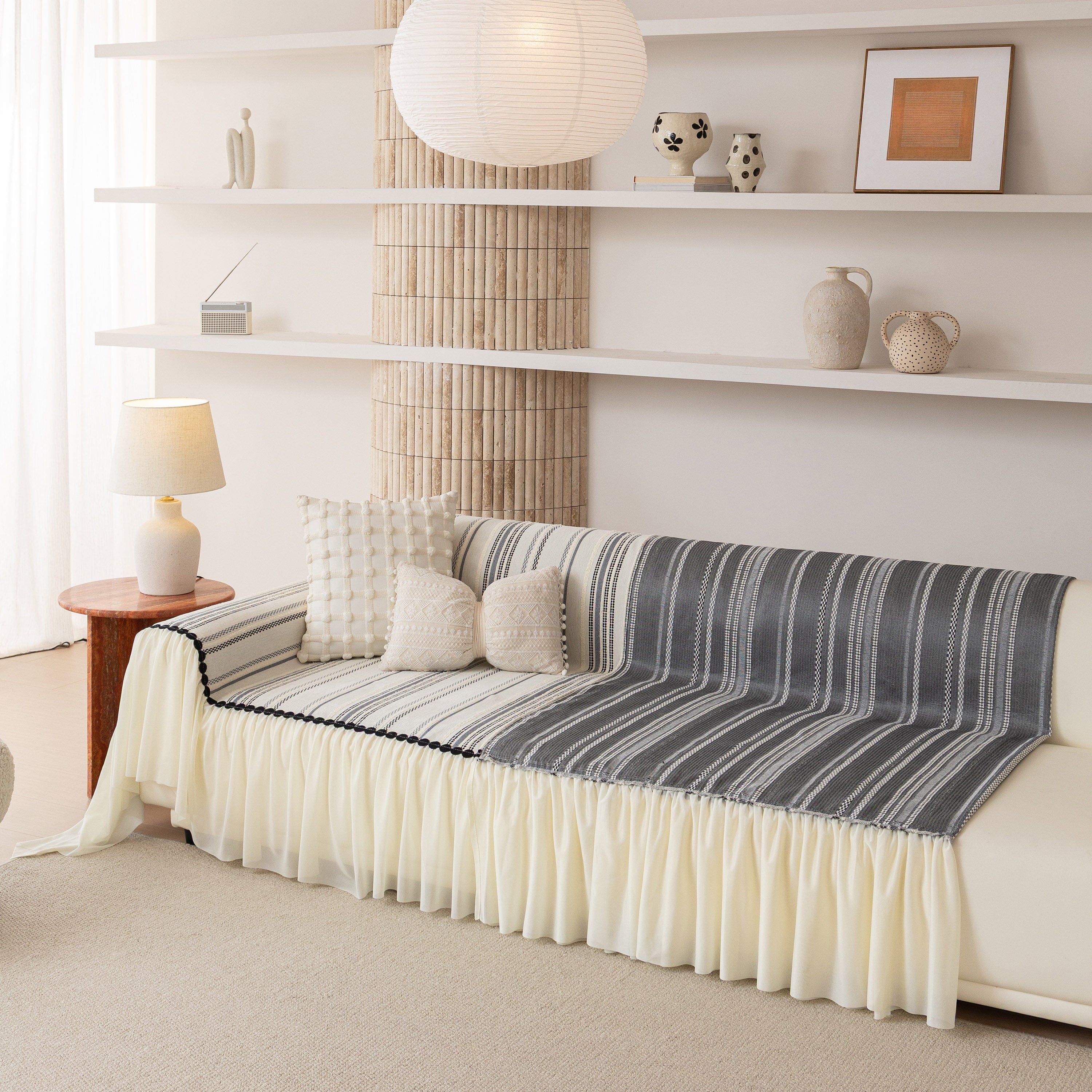 Boho Striped Couch Cover with Sheer Ruffle Skirt, Decorative Couch Throw Blanket