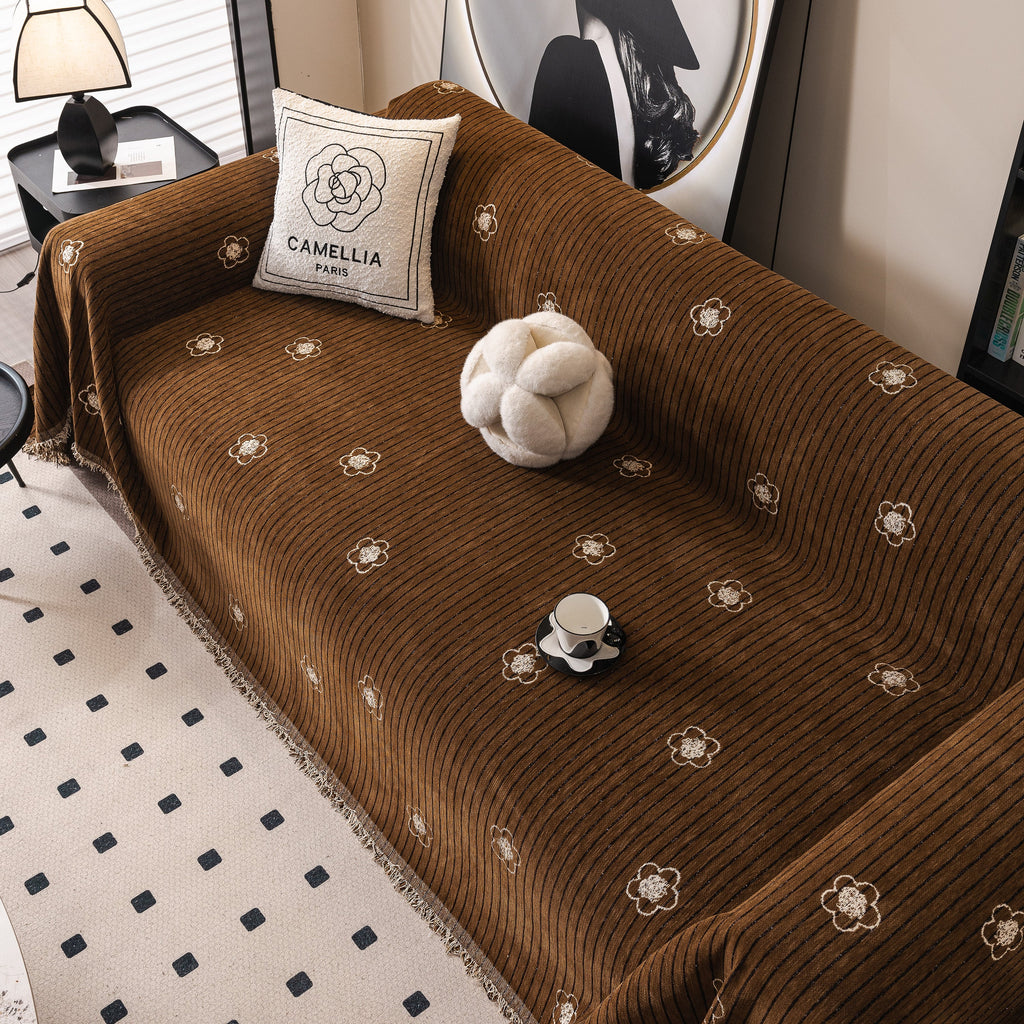 Chenille Camellia Floral Sofa Throw Cover Couch Blanket with Striped Jacquard