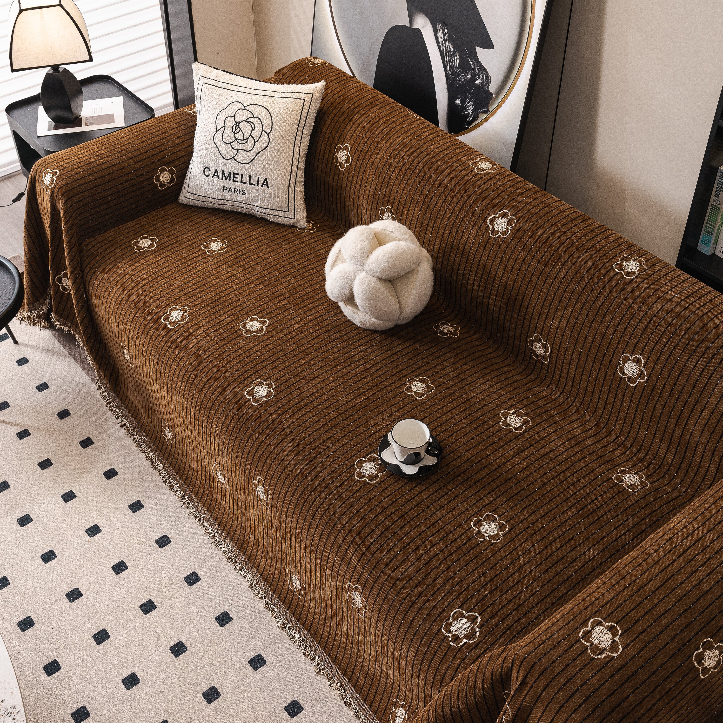 Chenille Camellia Floral Sofa Throw Cover Couch Blanket with Striped Jacquard
