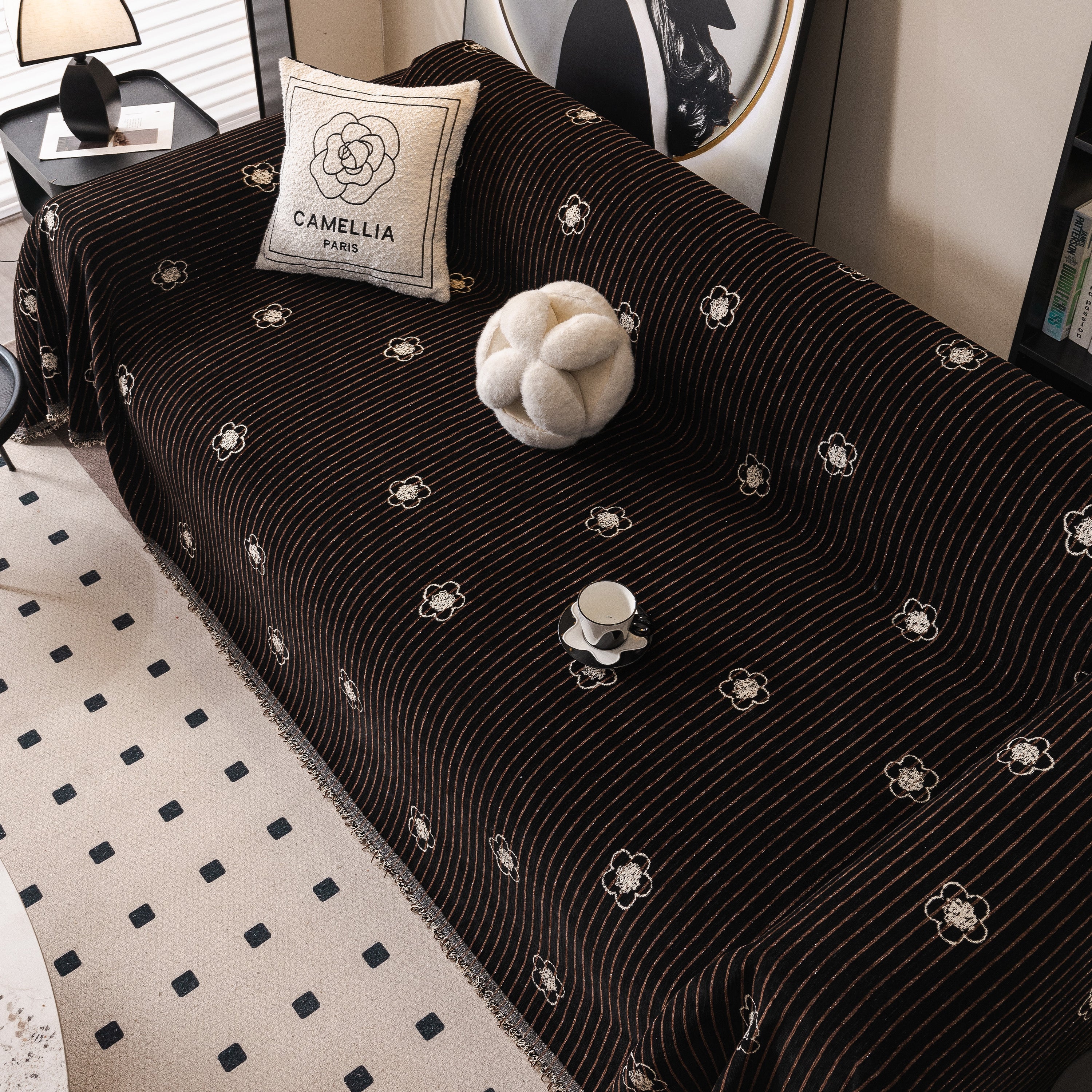 Chenille Camellia Floral Sofa Throw Cover Couch Blanket with Striped Jacquard