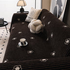 Chenille Camellia Floral Sofa Throw Cover Couch Blanket with Striped Jacquard