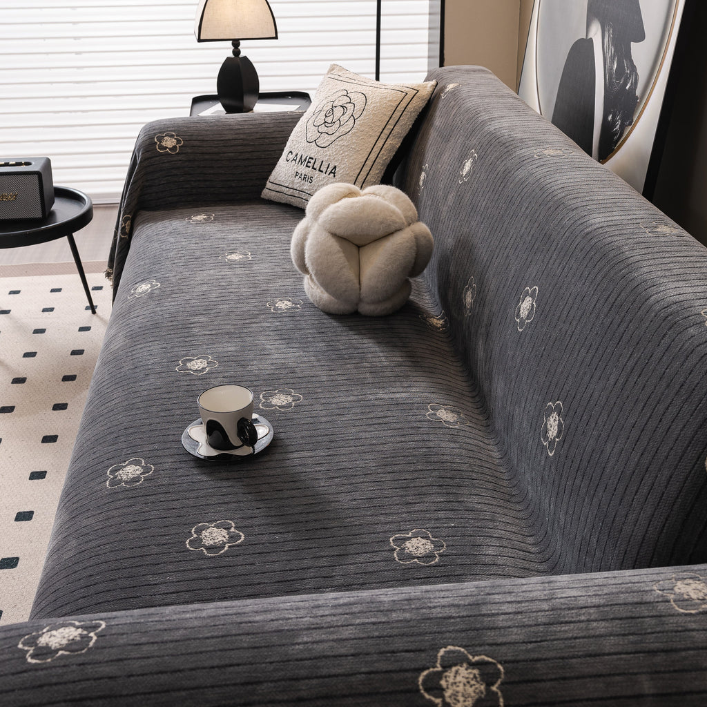 Chenille Camellia Floral Sofa Throw Cover Couch Blanket with Striped Jacquard