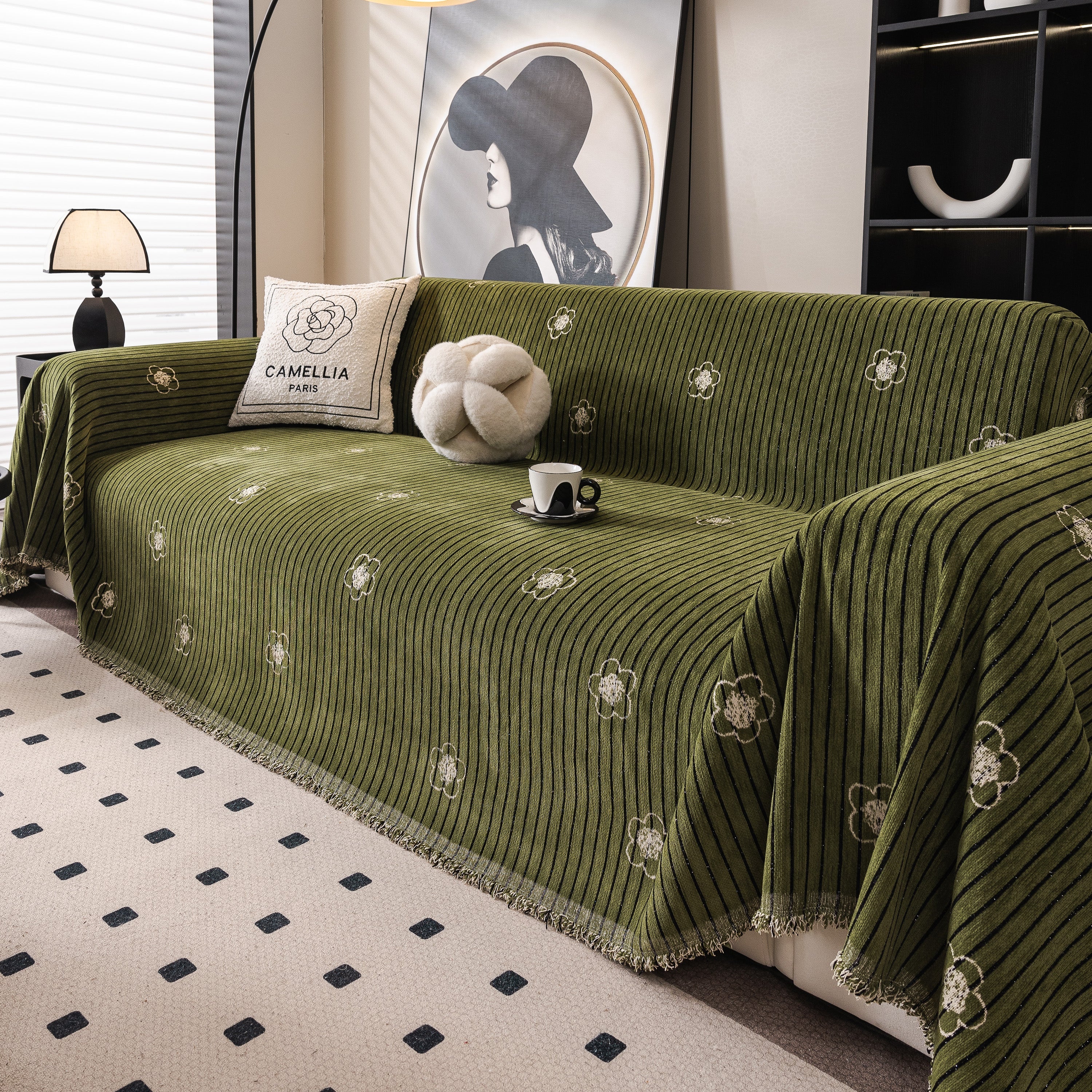 Chenille Camellia Floral Sofa Throw Cover Couch Blanket with Striped Jacquard
