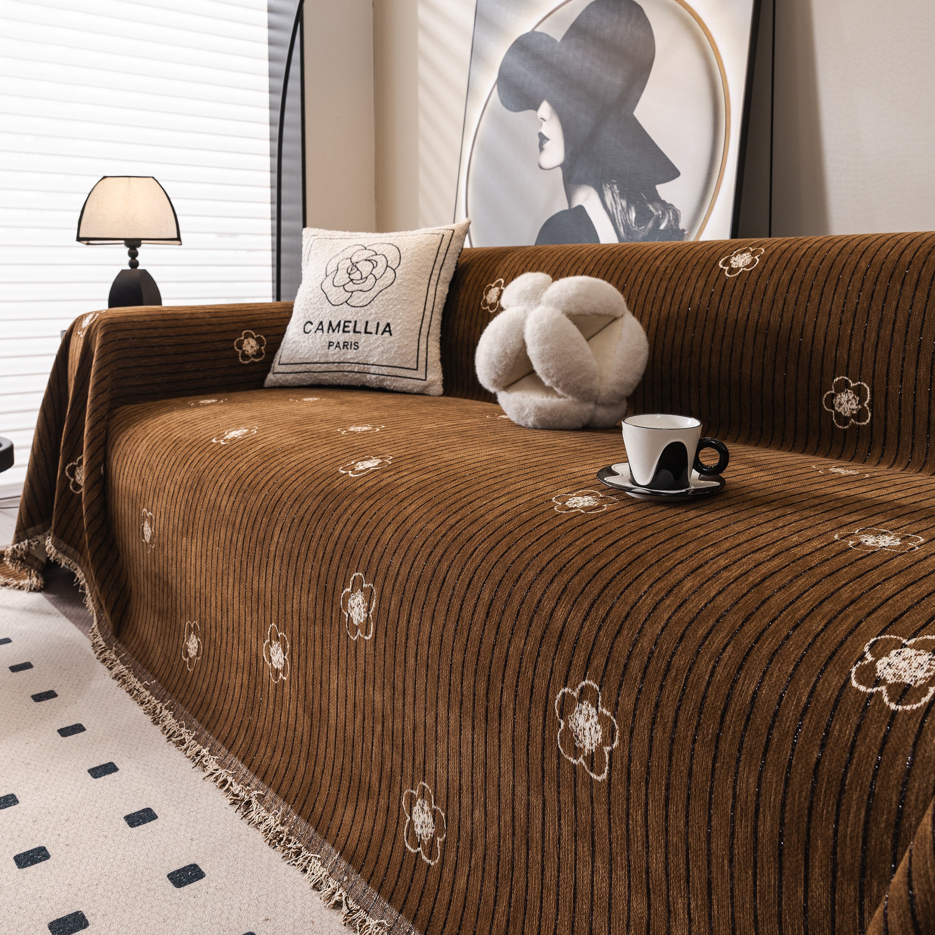 Chenille Camellia Floral Sofa Throw Cover Couch Blanket with Striped Jacquard