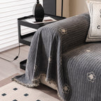 Chenille Camellia Floral Sofa Throw Cover Couch Blanket with Striped Jacquard