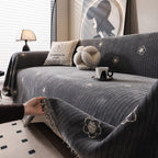 Chenille Camellia Floral Sofa Throw Cover Couch Blanket with Striped Jacquard