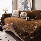 Chenille Camellia Floral Sofa Throw Cover Couch Blanket with Striped Jacquard