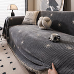 Chenille Camellia Floral Sofa Throw Cover Couch Blanket with Striped Jacquard