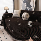 Chenille Camellia Floral Sofa Throw Cover Couch Blanket with Striped Jacquard