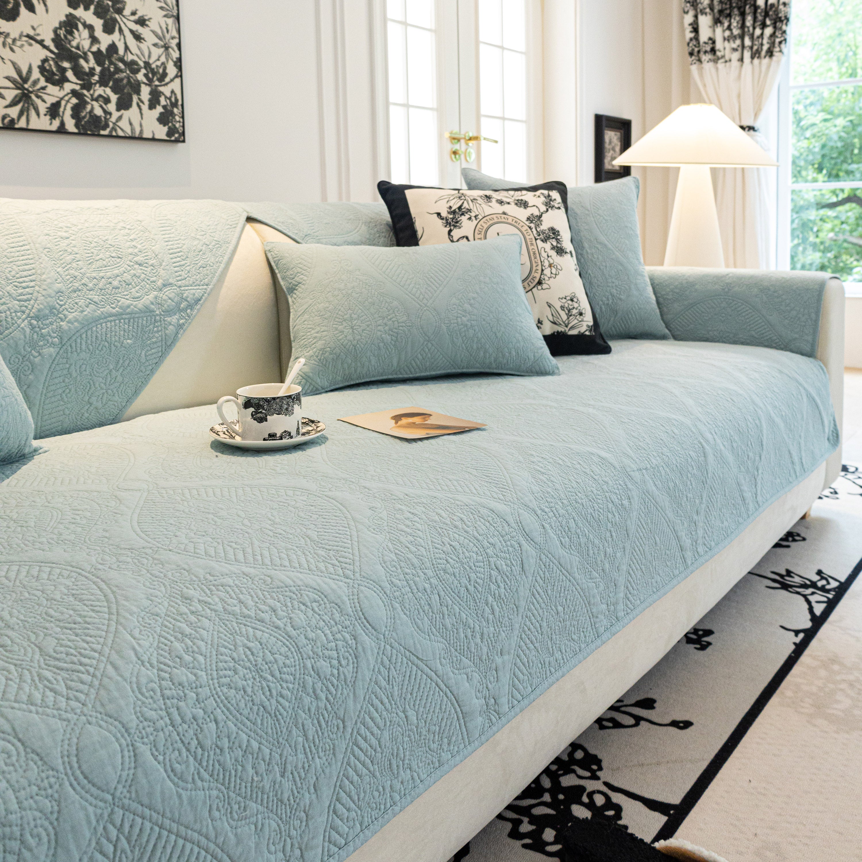 Baroque Sofa Cover – Quilted Cotton, Non-Slip, Washable with Ornate Embroidery