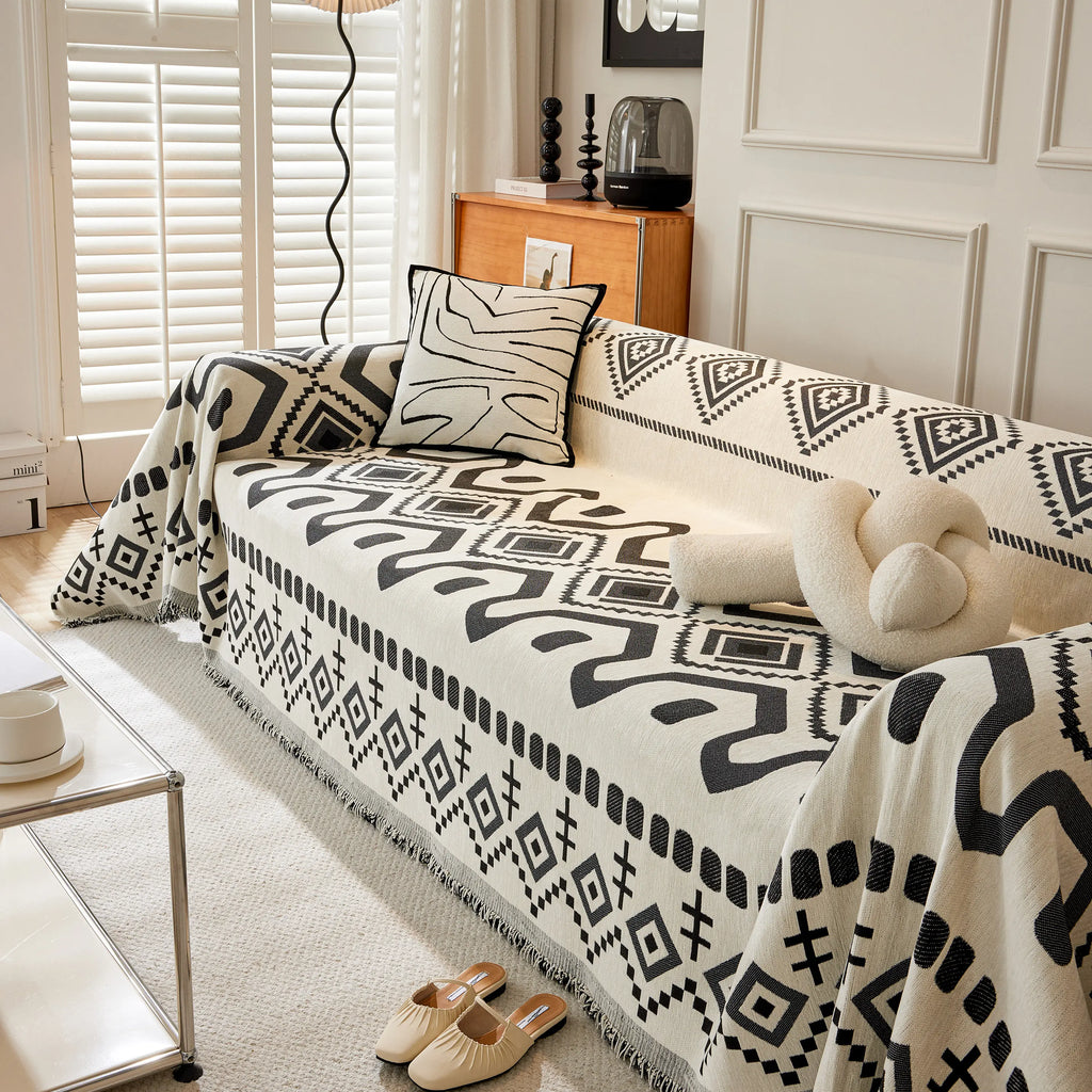 Boho Geometric Chenille Throw Sofa Cover Soft Textured Decorative Couch Blanket