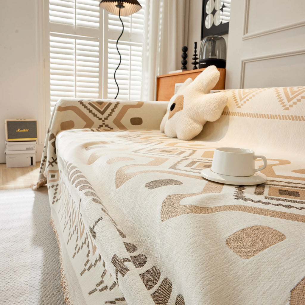Boho Geometric Chenille Throw Sofa Cover Soft Textured Decorative Couch Blanket