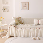 Boho Couch Cover with Knitted Stripes, Chiffon Skirt & Pom Fringe, Pet-Friendly Throw