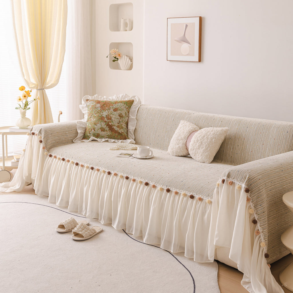 Boho Couch Cover with Knitted Stripes, Chiffon Skirt & Pom Fringe, Pet-Friendly Throw