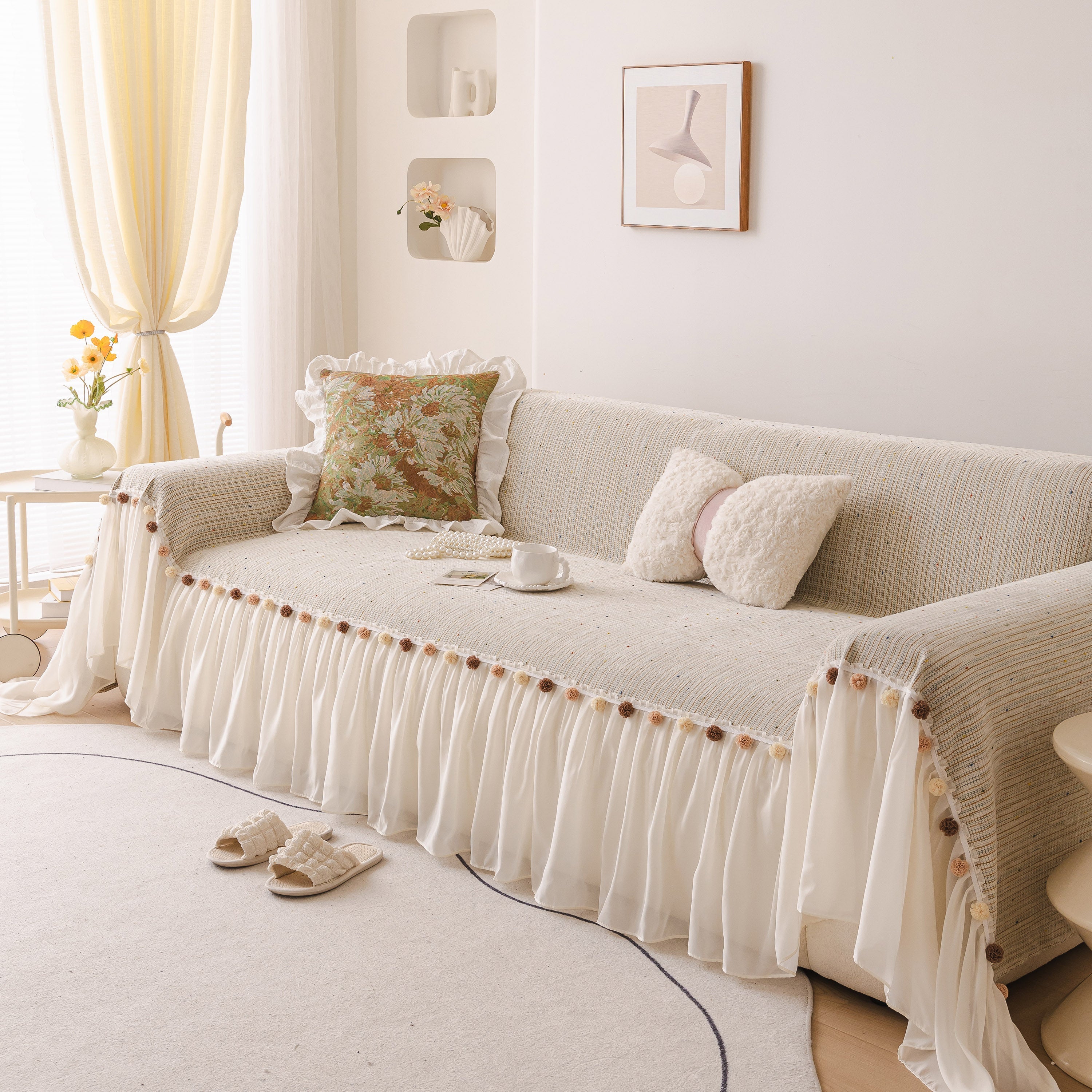 Boho Couch Cover with Knitted Stripes, Chiffon Skirt & Pom Fringe, Pet-Friendly Throw