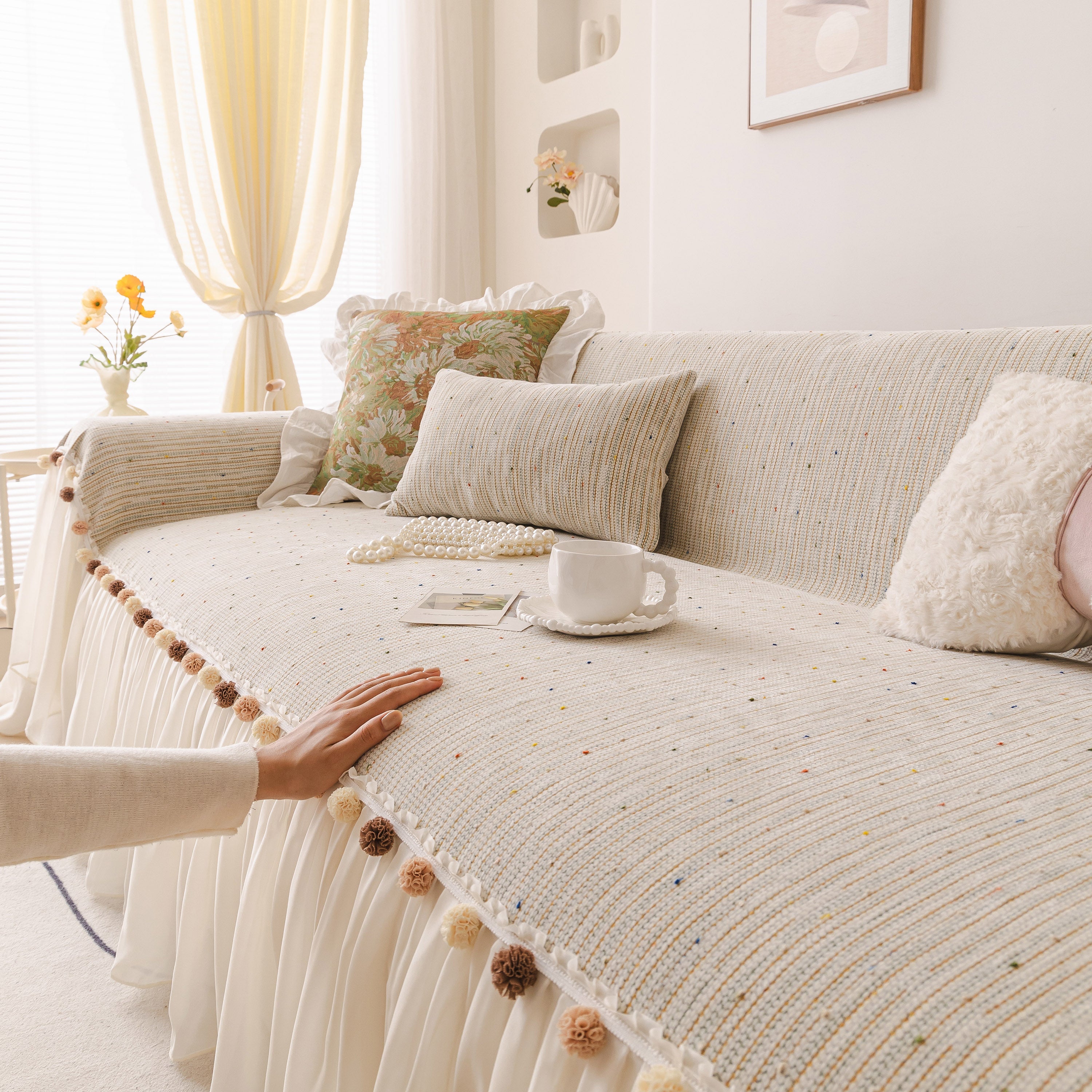 Boho Couch Cover with Knitted Stripes, Chiffon Skirt & Pom Fringe, Pet-Friendly Throw