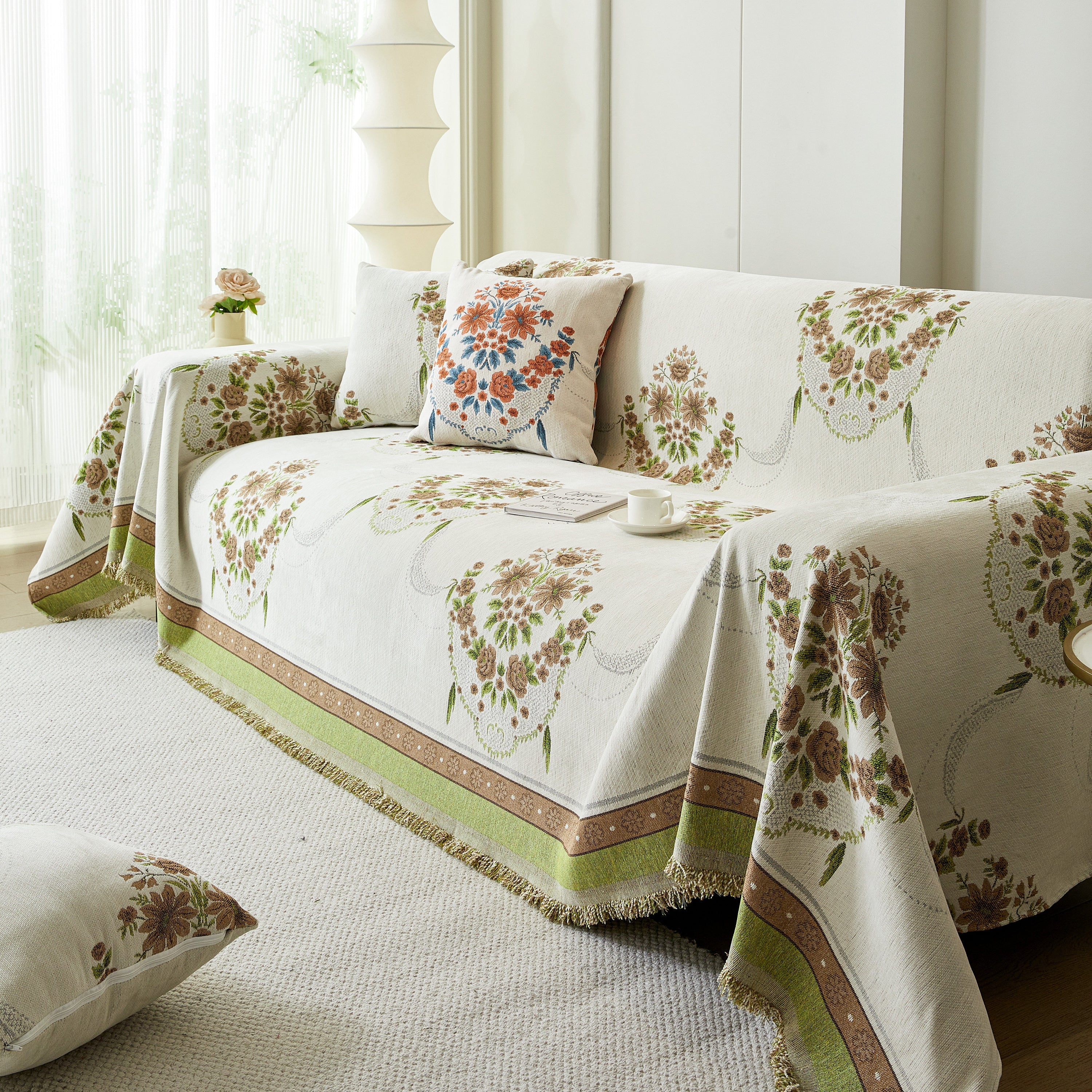 Charming French Country Floral Basket Sofa Throw Cover Rustic Farmhouse-Style Couch Cover Blankets