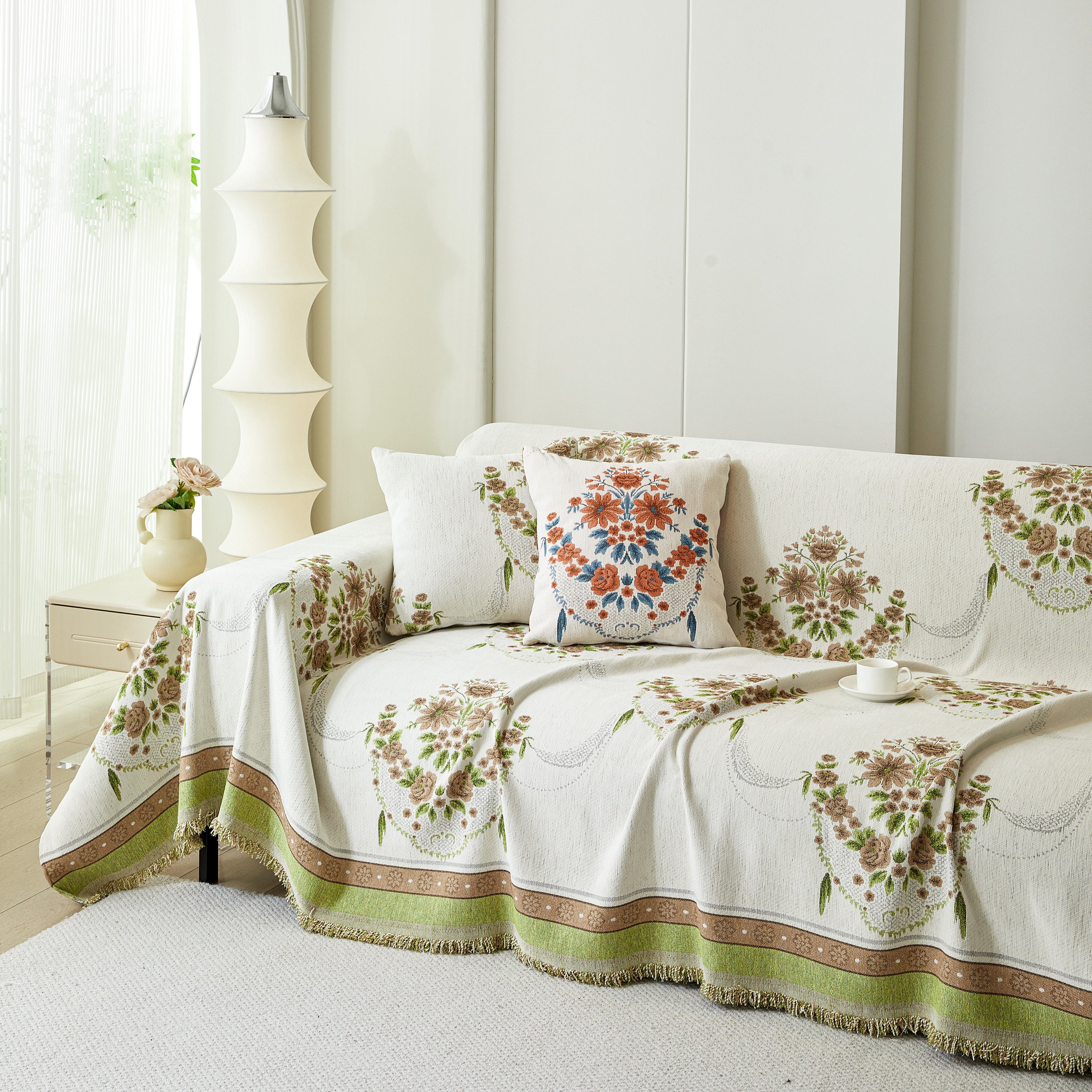 Charming French Country Floral Basket Sofa Throw Cover Rustic Farmhouse-Style Couch Cover Blankets