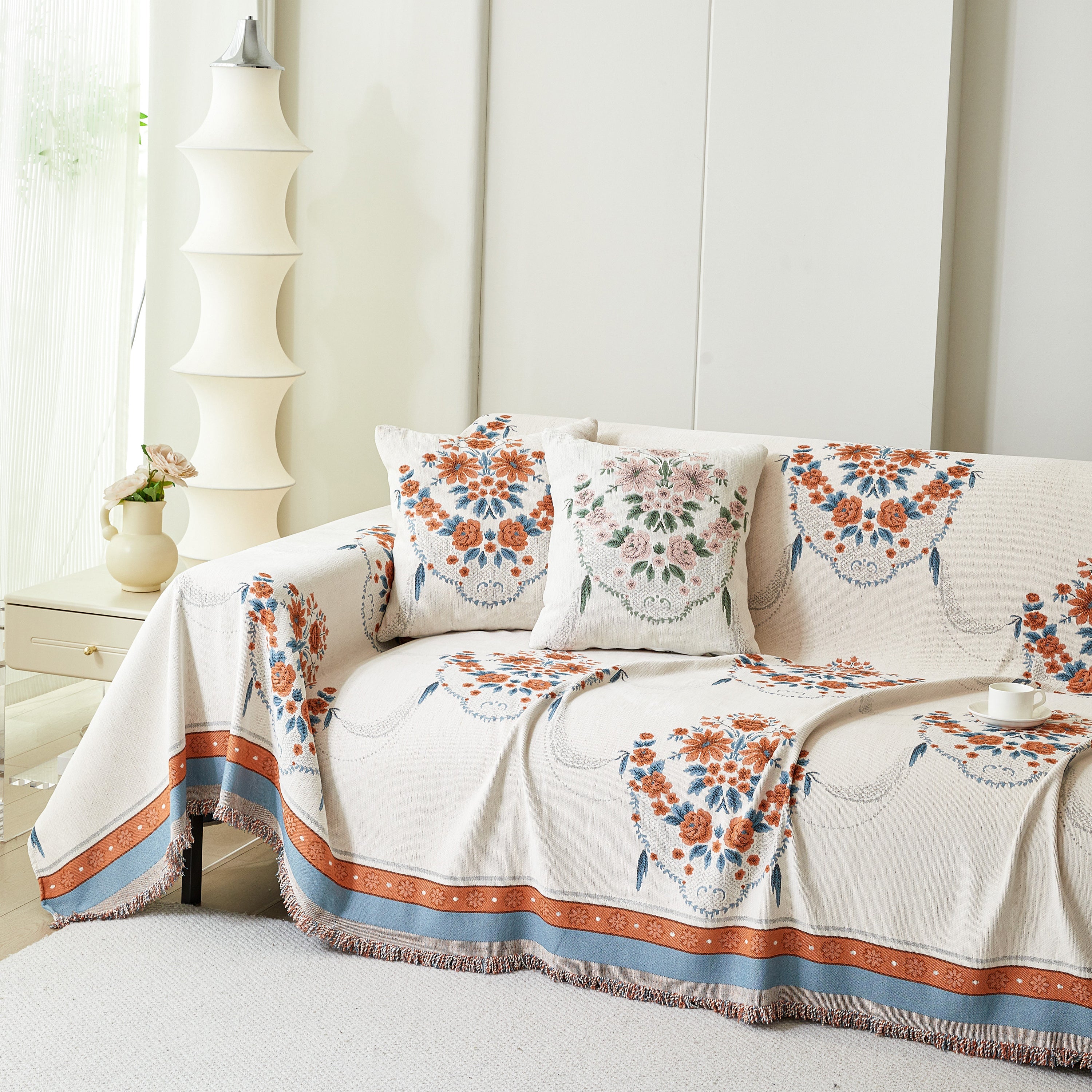 Charming French Country Floral Basket Sofa Throw Cover Rustic Farmhouse-Style Couch Cover Blankets