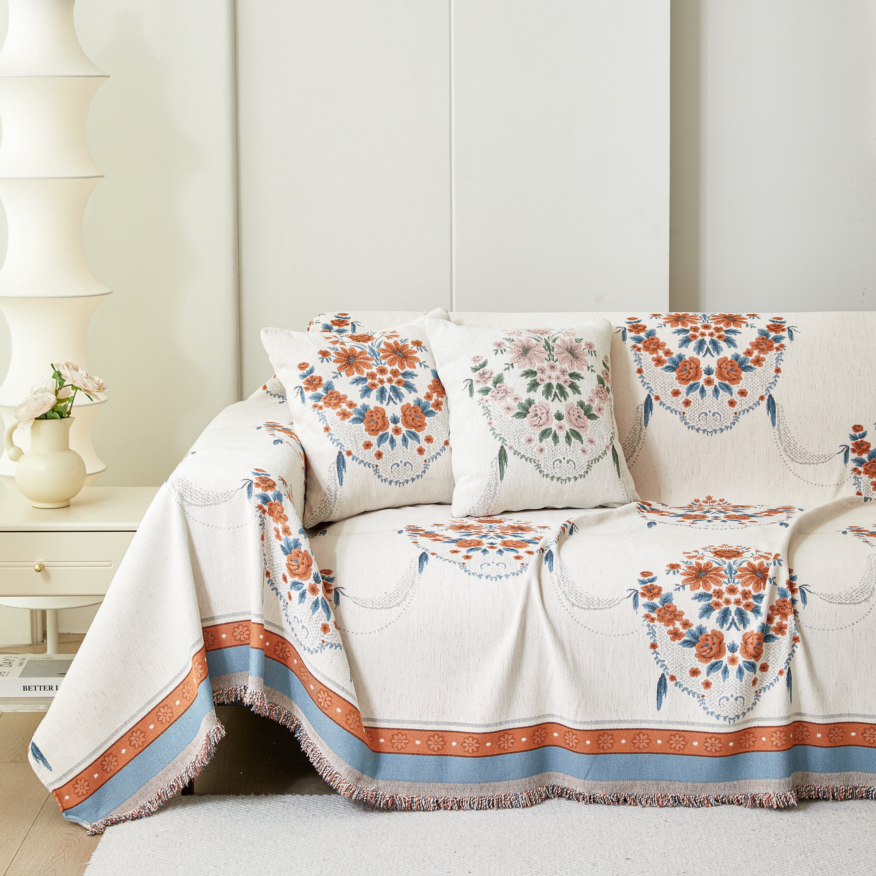 Charming French Country Floral Basket Sofa Throw Cover Rustic Farmhouse-Style Couch Cover Blankets