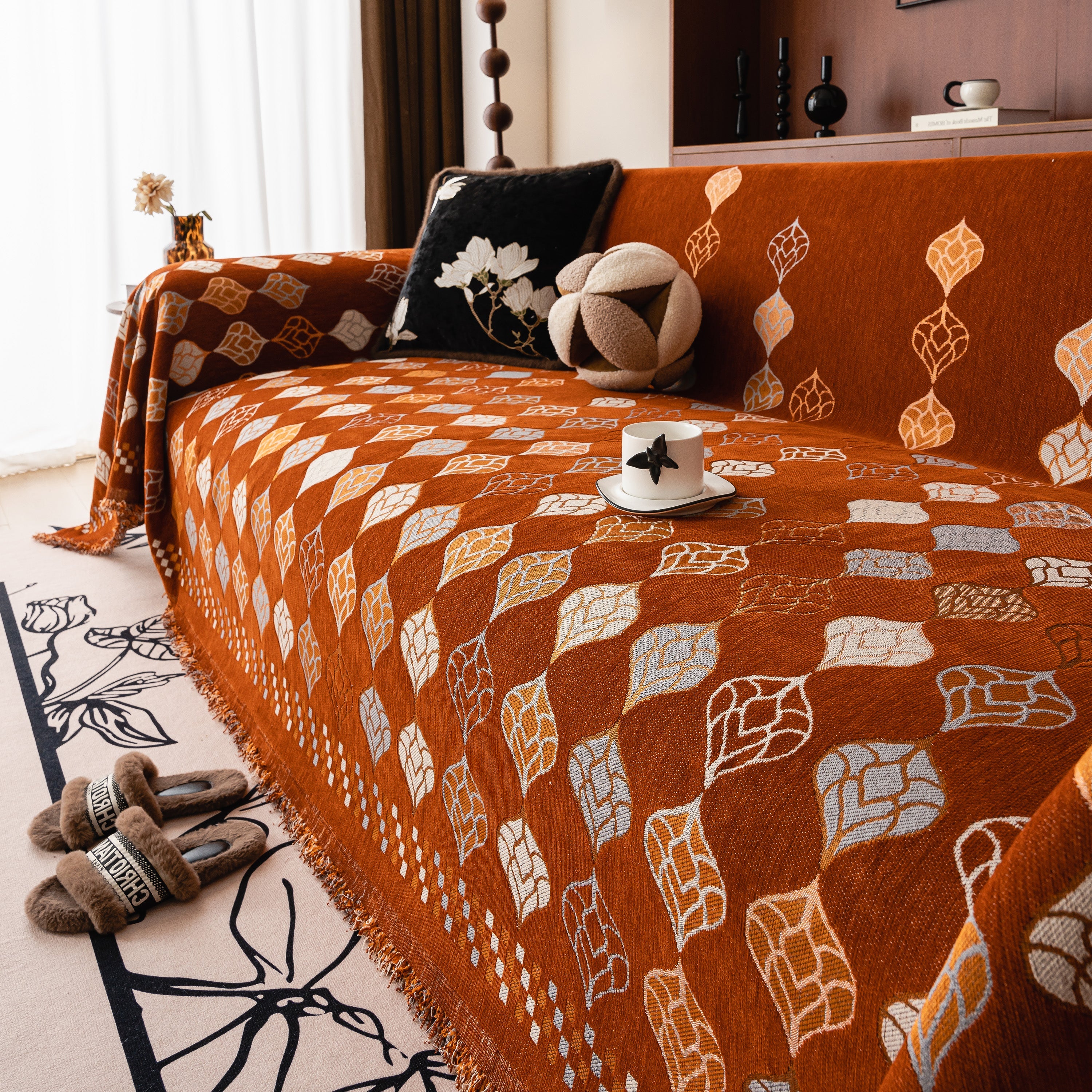 Boho Geometric Sofa Slipcovers Chenille Scratch Resistant Couch Protective Covers