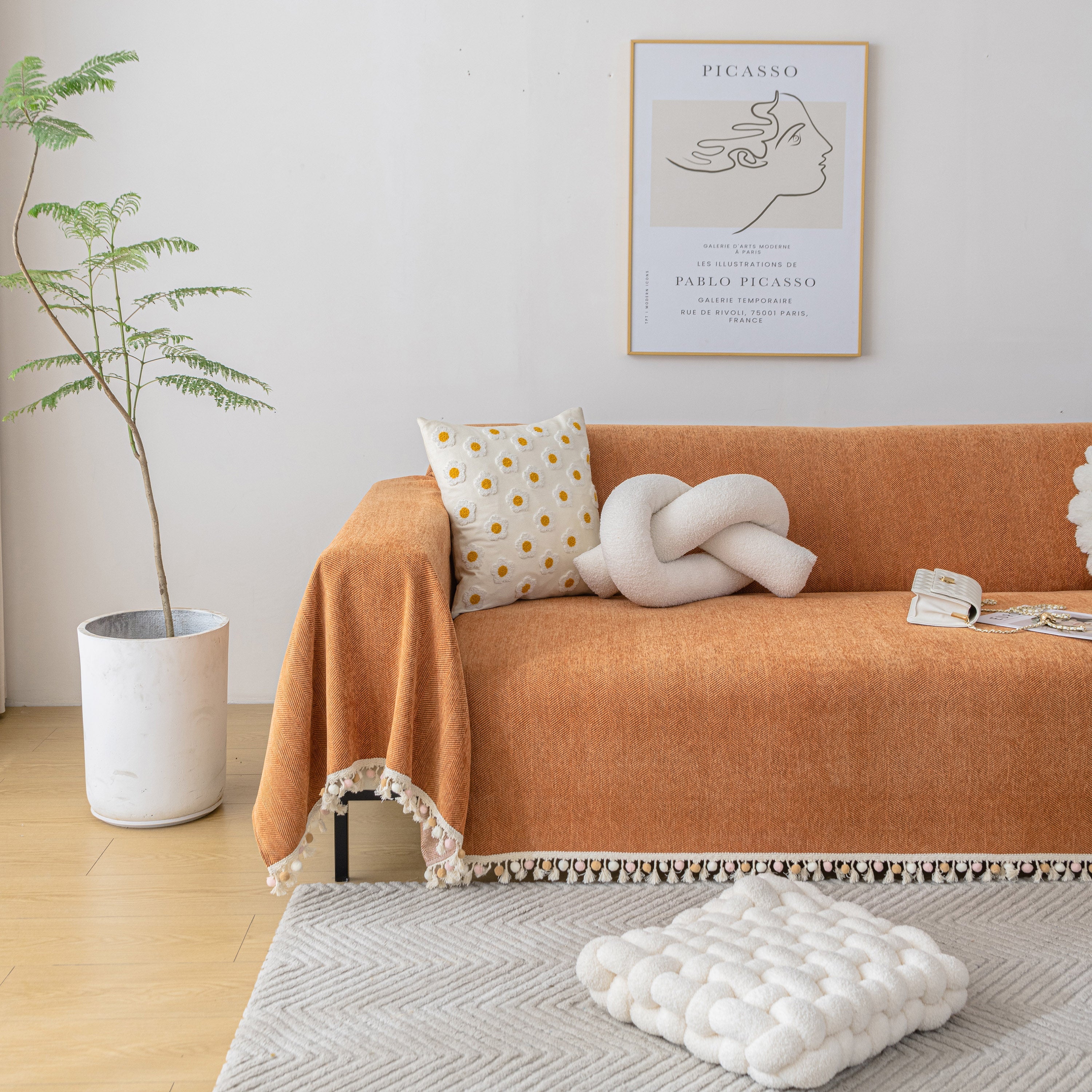 Boho Herringbone Sofa Throw Blanket with Pom Pom Tassels Stylish Furniture Slipcover