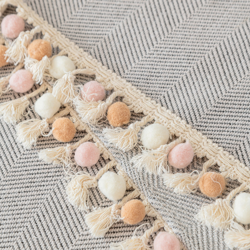 Boho Herringbone Sofa Throw Blanket with Pom Pom Tassels Stylish Furniture Slipcover