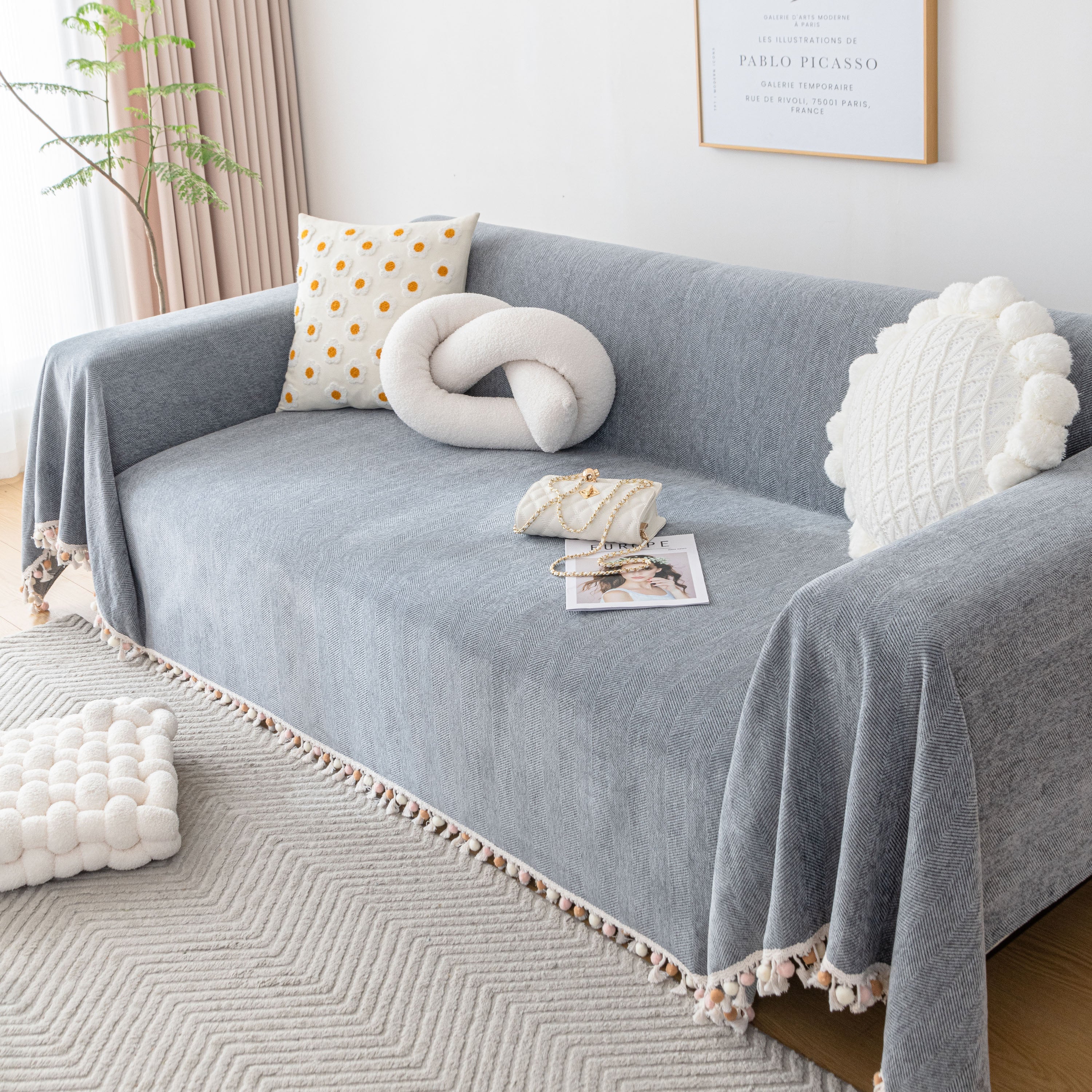 Boho Herringbone Sofa Throw Blanket with Pom Pom Tassels Stylish Furniture Slipcover