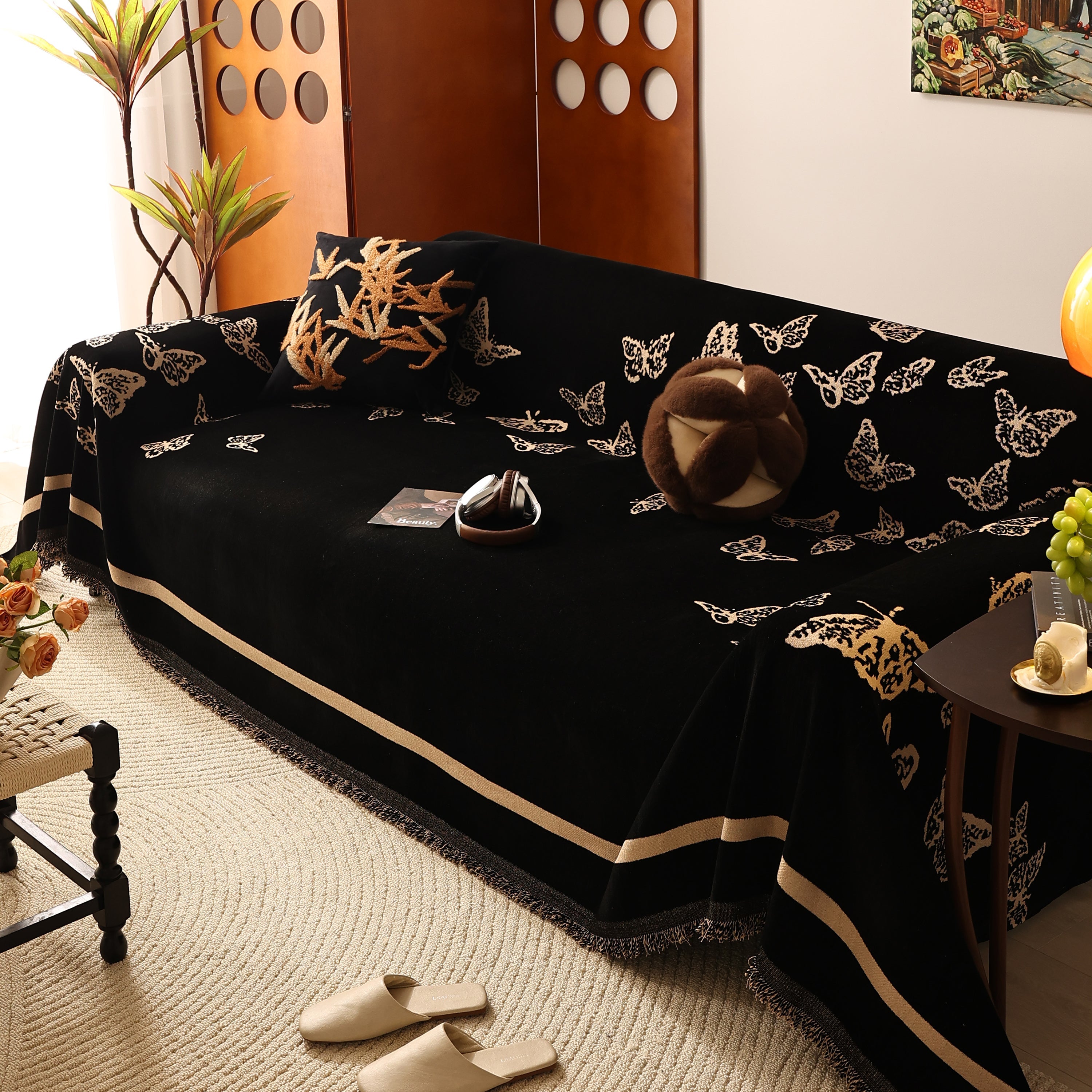 Butterfly Jacquard Soft Couch Blankets Cover for Couch Reversible Modern Sofa Slipcover Throw Covers
