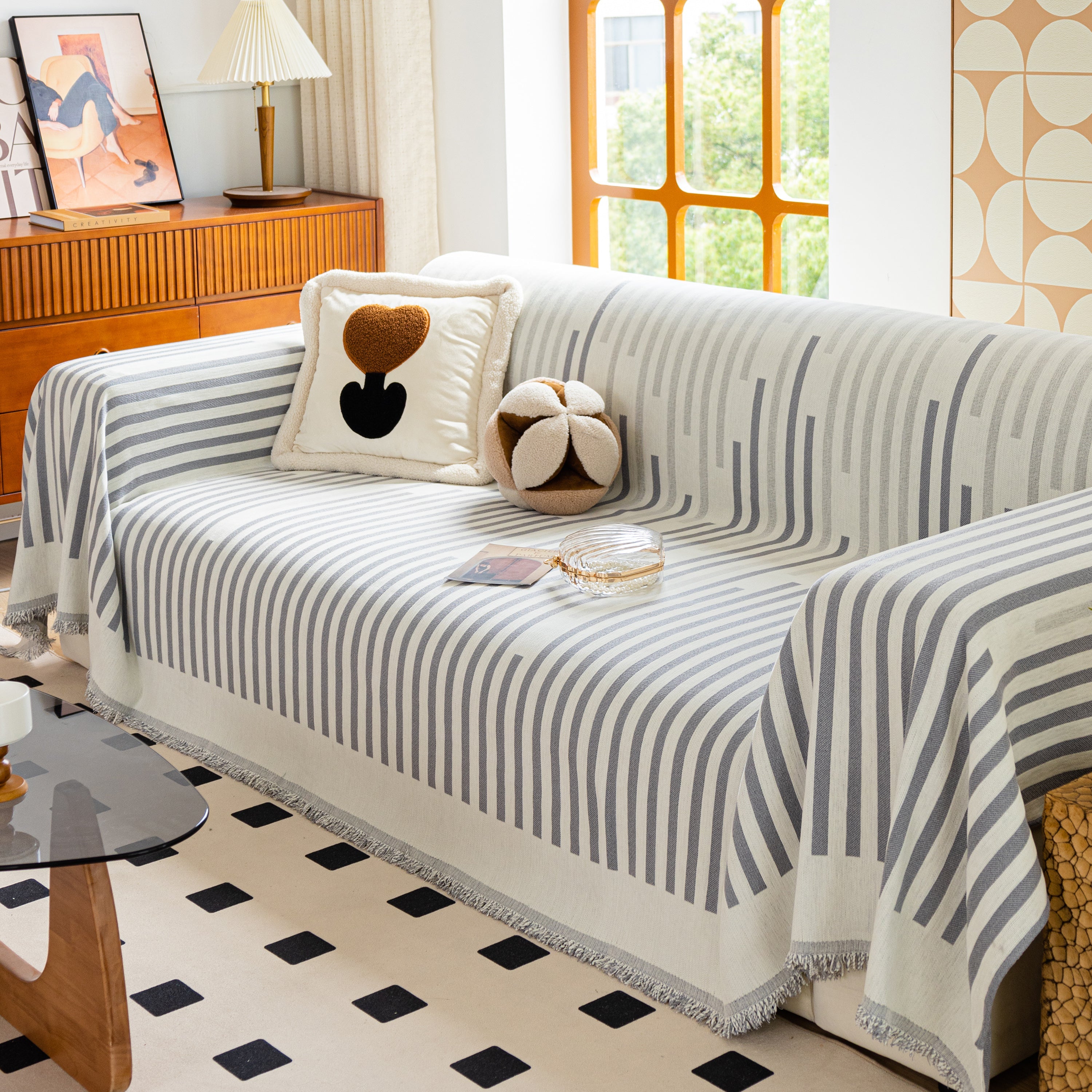 Boho Stripe Sectional Couch Cover Soft Chenille Sofa Slipcovers Blanket on The Sofa for Living Room