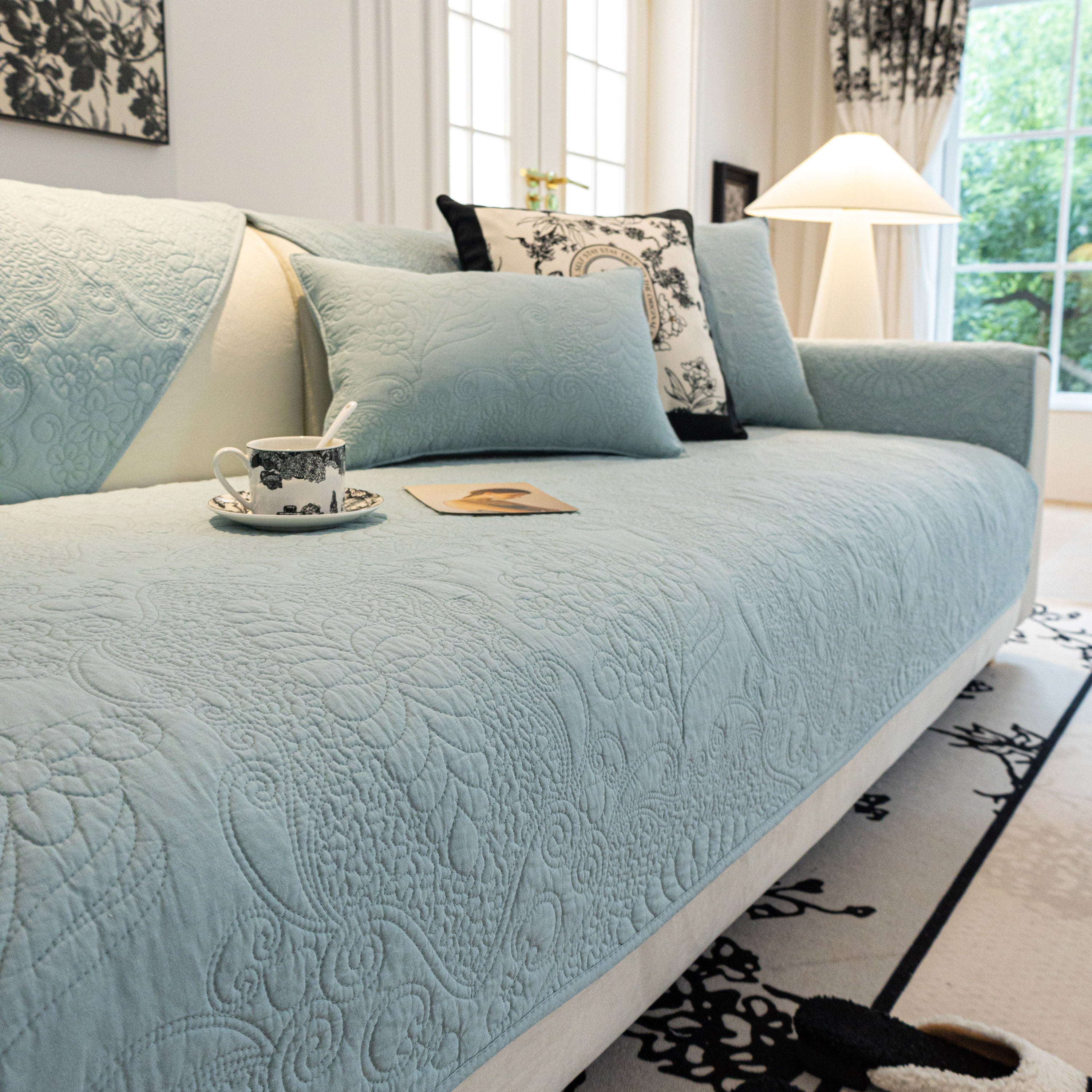 Baroque Floral Quilted Cotton Sofa Cover, Non-Slip Washable Couch Protector