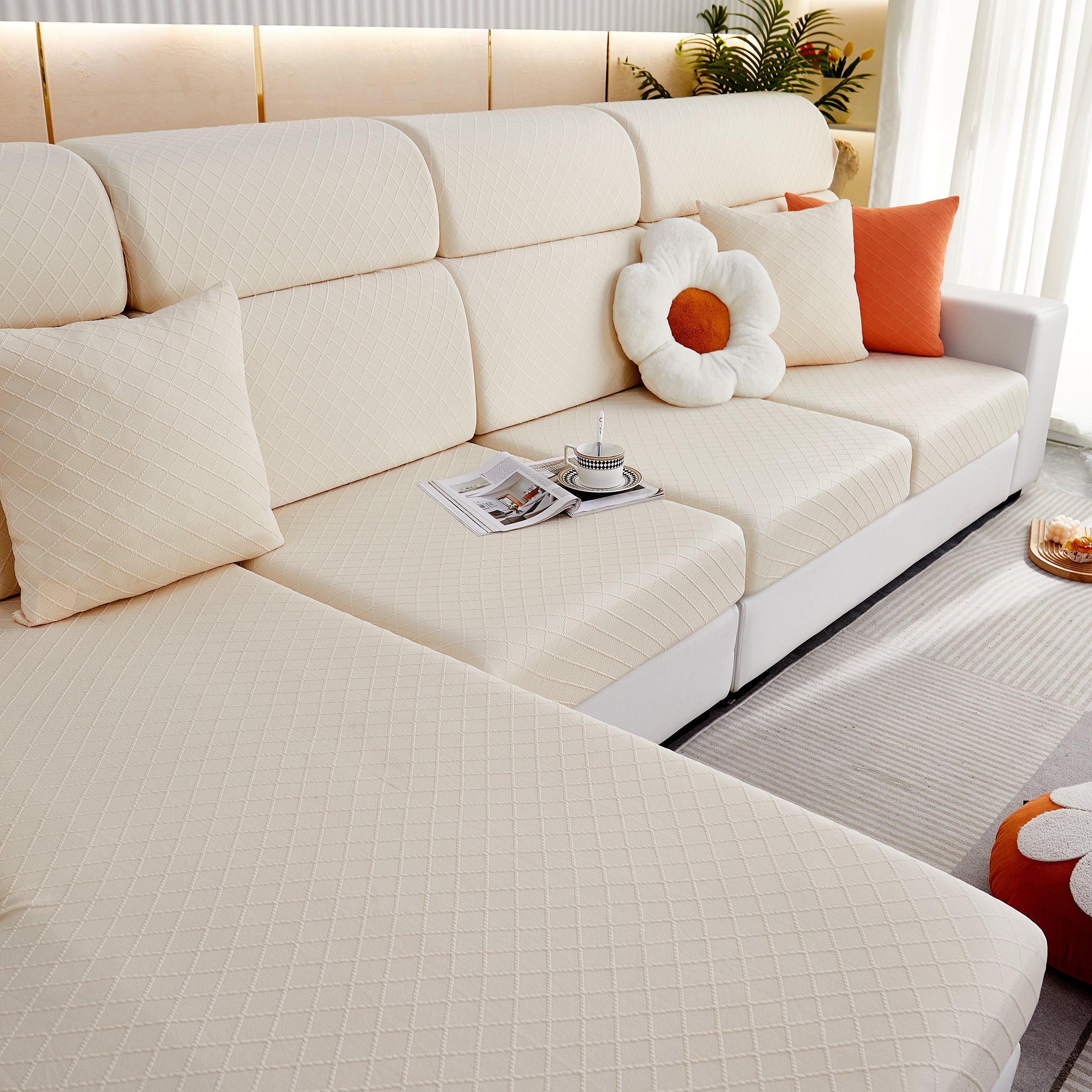 Checkered Jacquard Polar Fleece Stretch Sofa Cover, Non Slip Furniture Protector, Couch Seat Cushion Covers